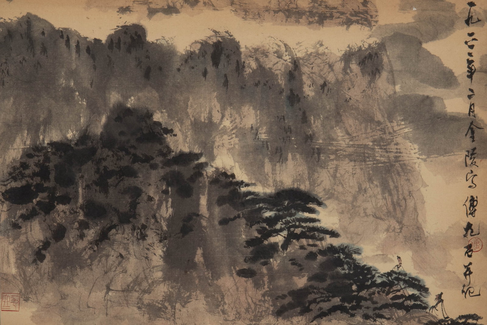 Fu Baoshi Landscape: This is a landscape vertical scroll by Mr. Fu Baoshi, showing his iconic "bouldering" style.The picture is full of mountains, majestic peaks, shrouded in clouds and mist, and the white space is full