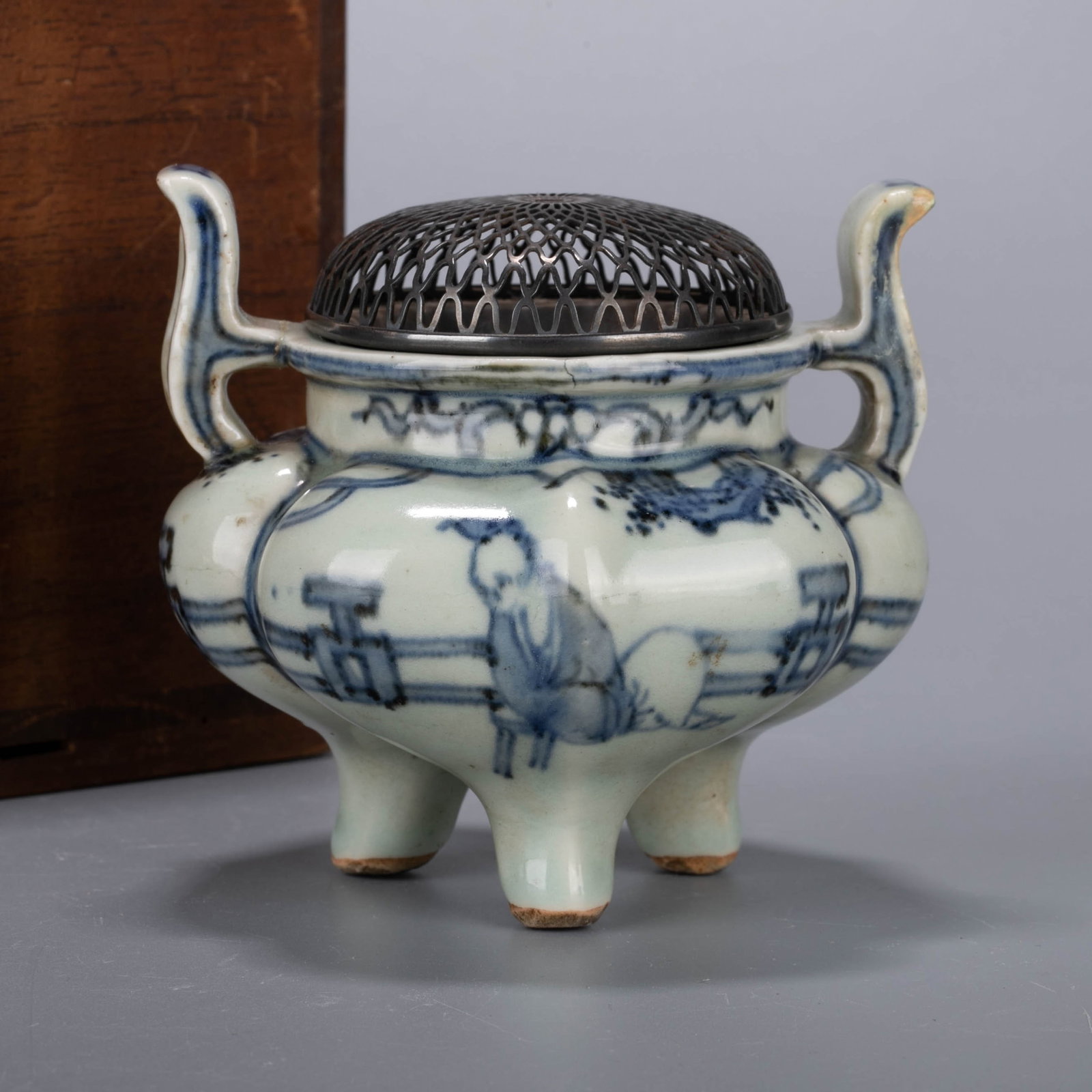 Blue-and-white three-legged incense burner with a silver cover (1 of 8)