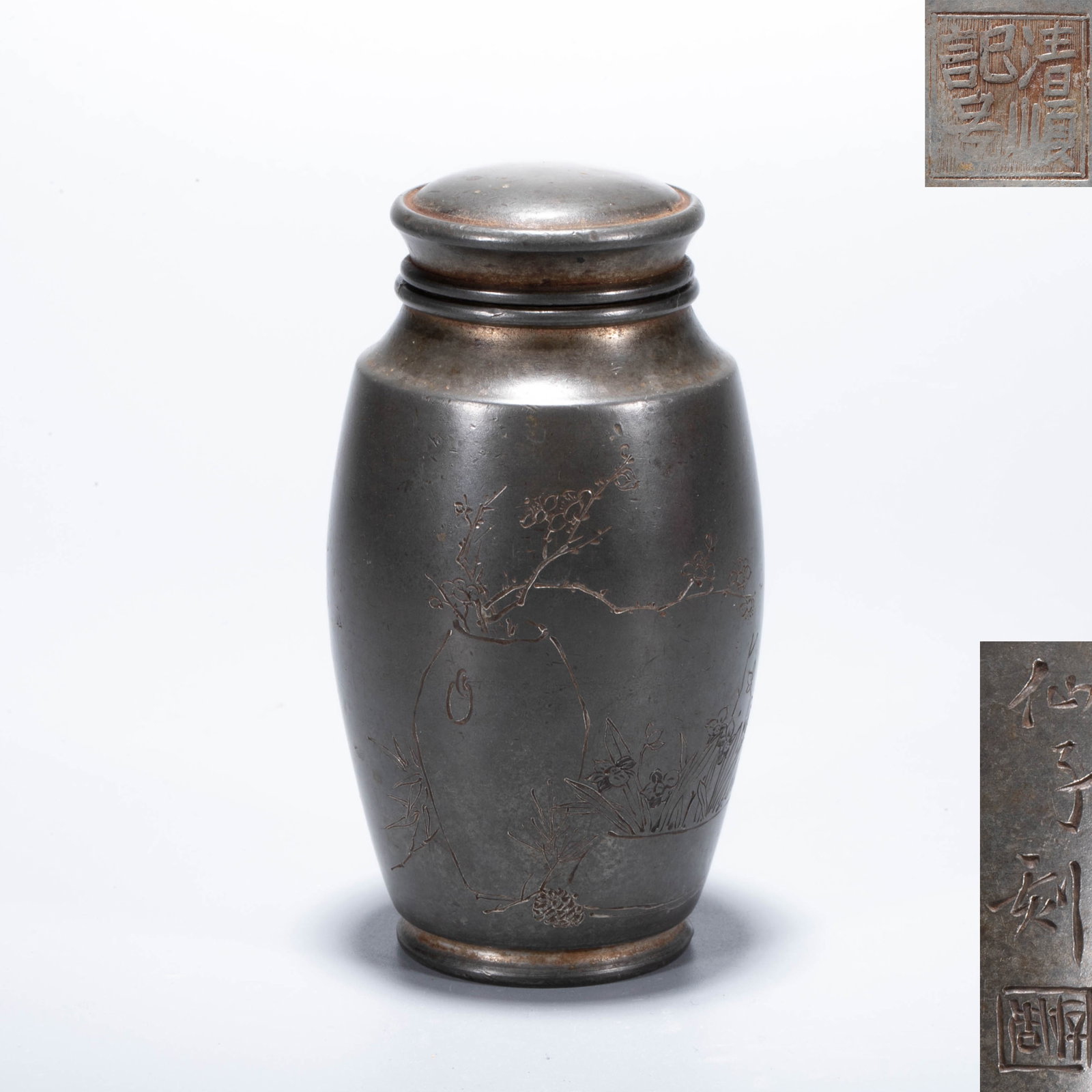 A Qing-Style Pewter Teapot with Immortal Figure and Plum-and-Orchid Decoration, Bearing Shunji and: A Qing-Style Pewter Teapot with Immortal Figure and Plum-and-Orchid Decoration, Bearing Shunji and Cunjou Marks