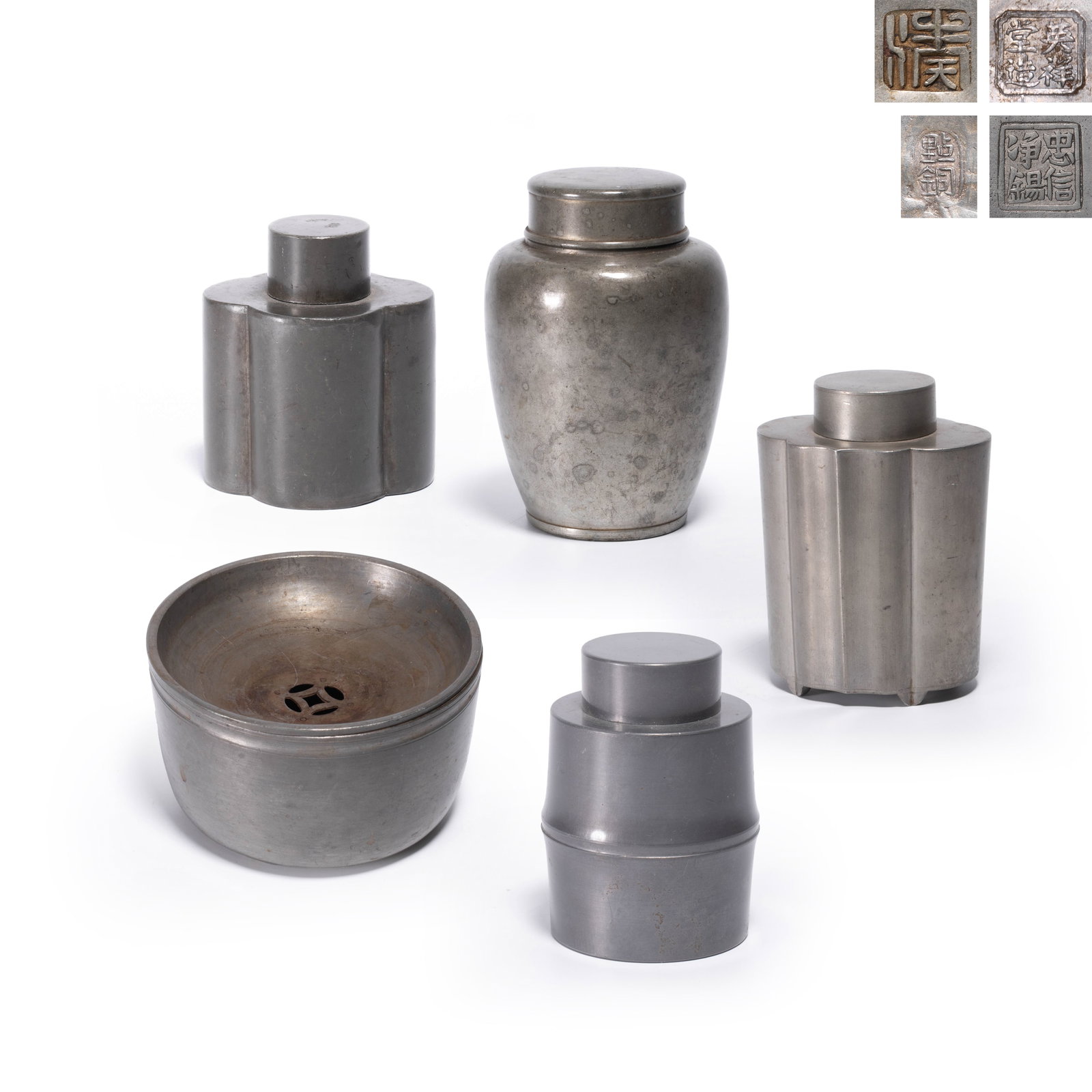 A Set of Five Fine Pewter Wares by Eishodo Chushin, with Copper Inlay and Kan Marks: A Set of Five Fine Pewter Wares by Eishodo Chushin, with Copper Inlay and Kan Marks