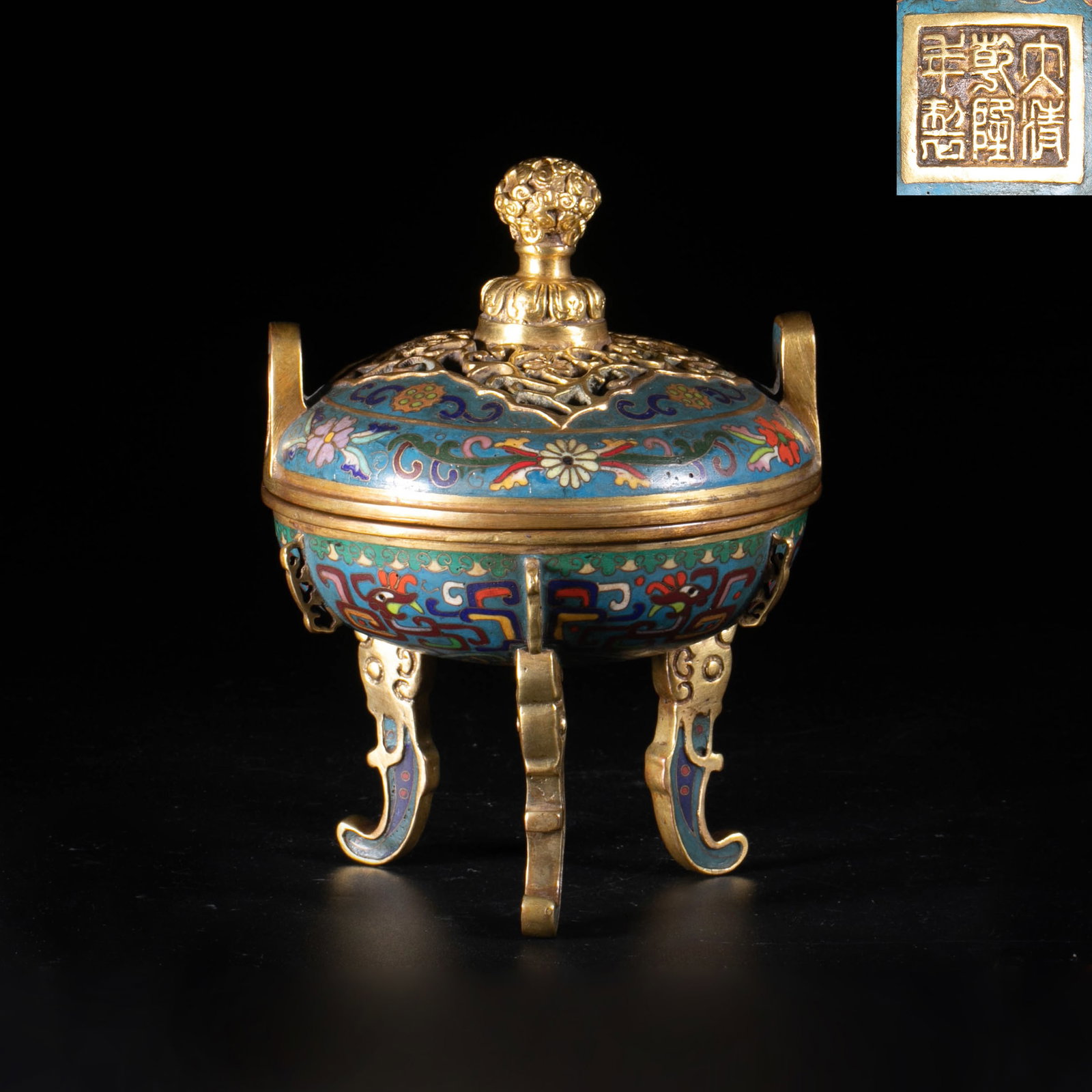 Daqing Qianlong reign mark enamel pinch bronze silk incense burner (1 of 10)