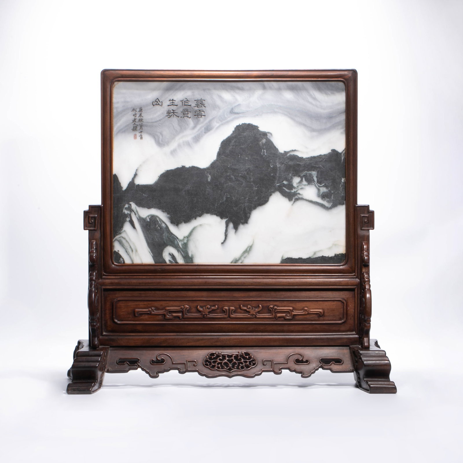 Made by Ren Shubo, red rosewood inlaid with marble screen: Made by Ren Shubo, red rosewood inlaid with marble screen