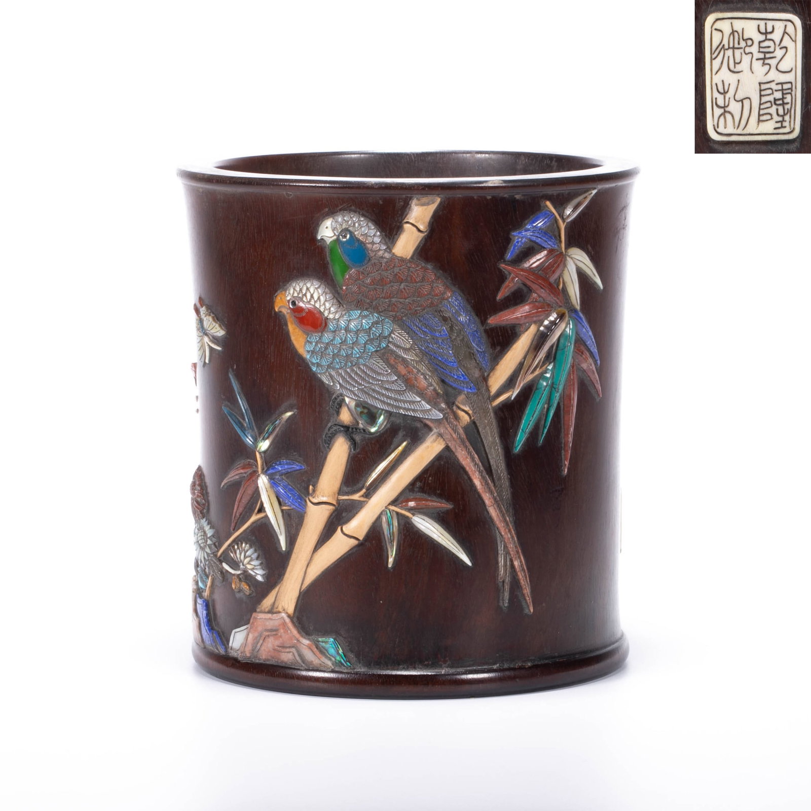Qing Dynasty Red Sandalwood Inlaid Parrot Painting Pen Holder: Qing Dynasty Red Sandalwood Inlaid Parrot Painting Pen Holder