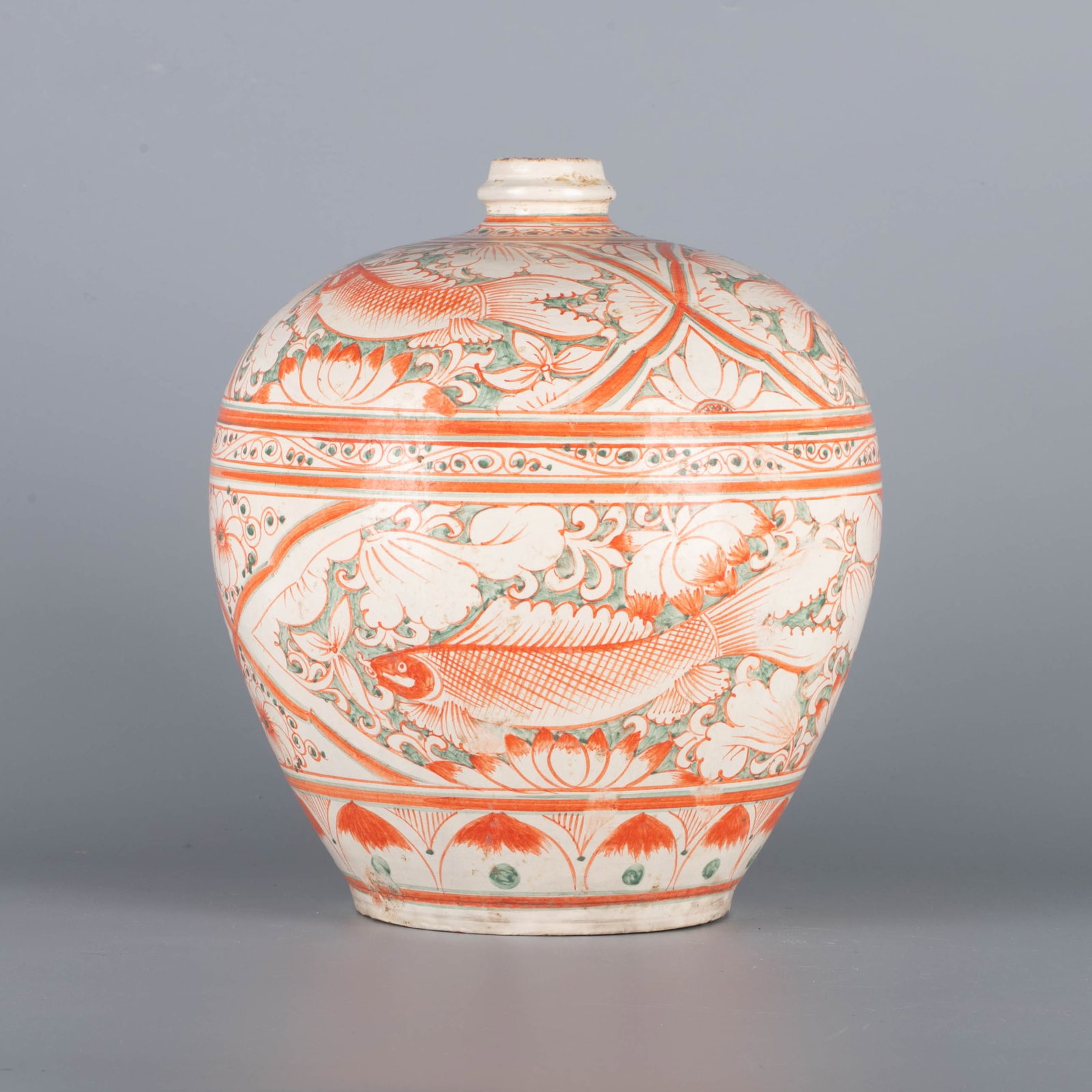 Song Dynasty Cizhou ware red-and-green painted duolu vase: Song Dynasty Cizhou ware red-and-green painted duolu vase