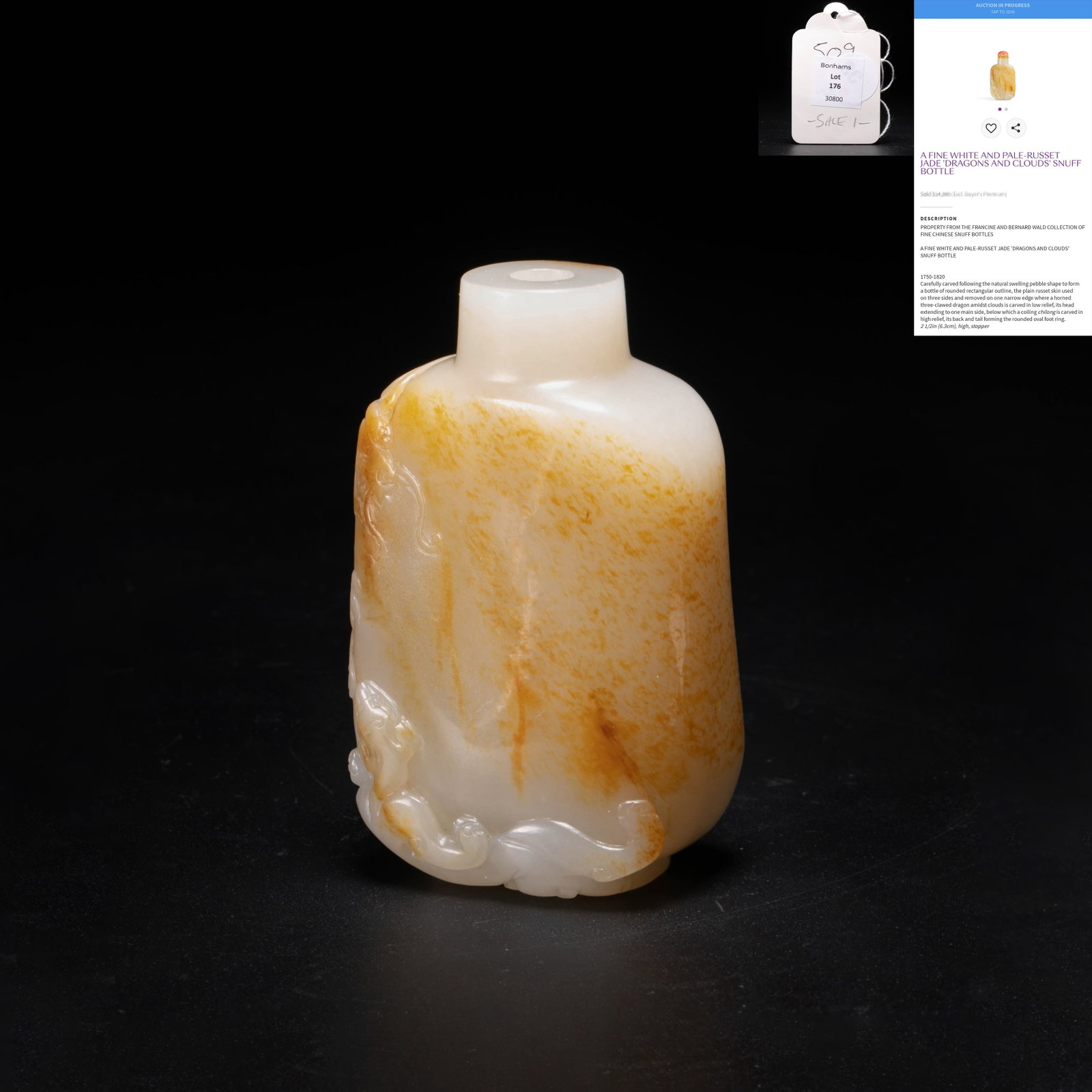 Qing Dynasty Hetian jade snuff bottle with russet-skinned chilong motif; provenance: Bonhams New: This piece is Qing style Hetian jade with yellow skin dragon motif snuff bottle. The shape of the vessel is flat square with straight neck, short mouth and flat bottom. The outline is smooth and can
