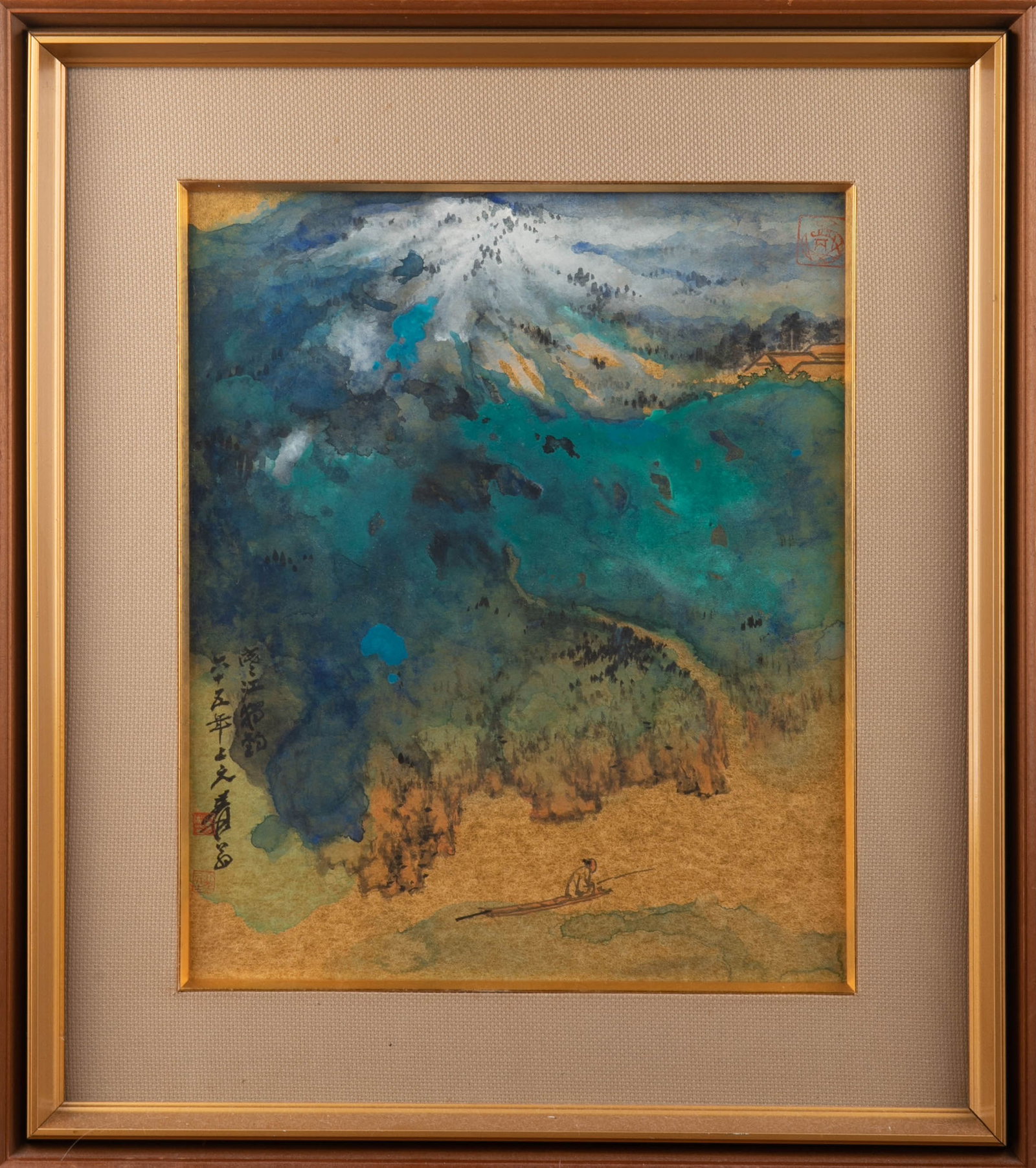 Zhang Daqian Qinglu landscape: This work is modeled on the style of Zhang Daqian's late years gold splashed-color paper landscape , inscribed "Fishing alone in Chengjiang" and signed "Sixty-five Years" (Republic of China, 1976) mar