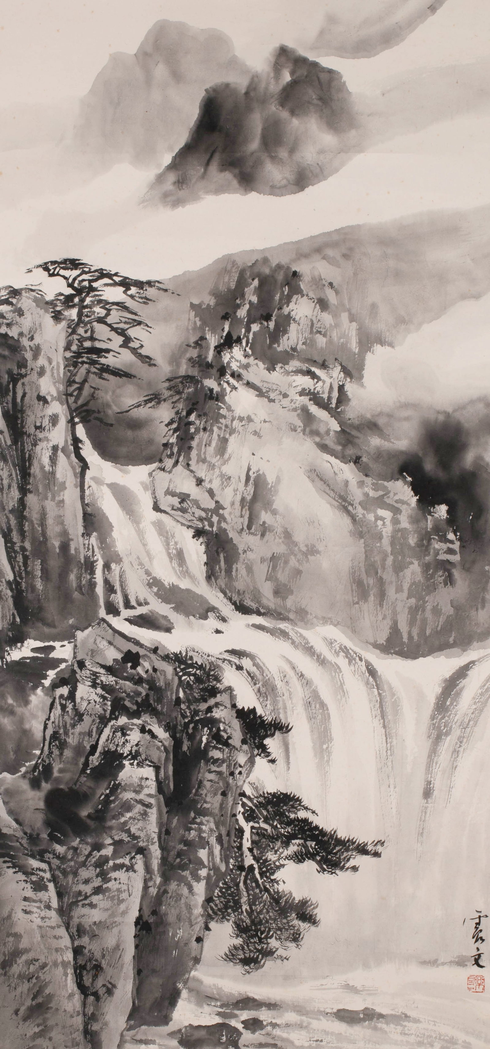Le Zhenwen, ink-wash landscape with waterfall: Le Zhenwen, ink-wash landscape with waterfall