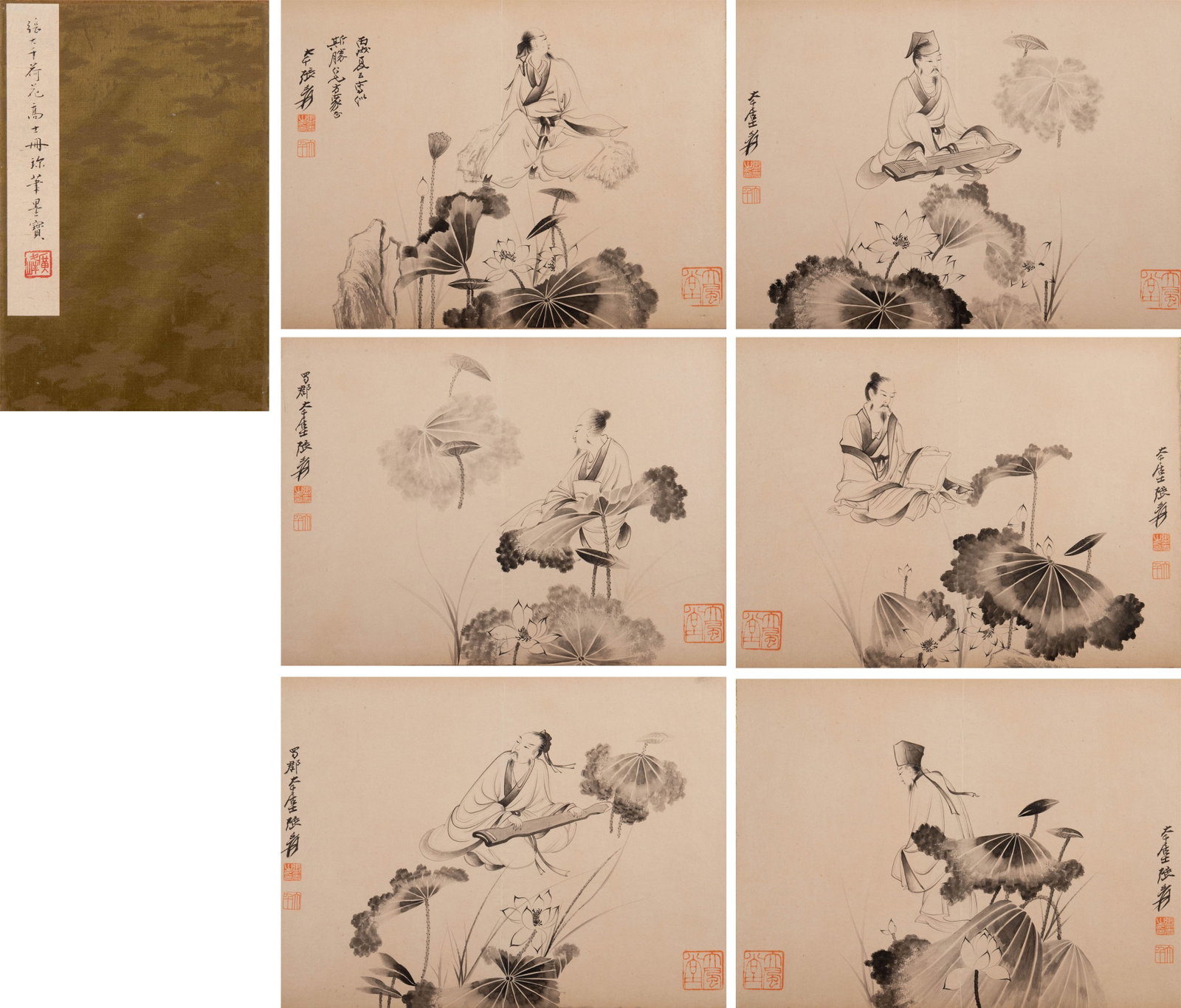 Zhang Daqian, scholars, album leaf: This group is a scholar picture album leaf signed by "Zhang Daqian", ink on paper, multiple compositions with scholar sitting among lotus leaves/water bank, playing the piano, reading, and gazing