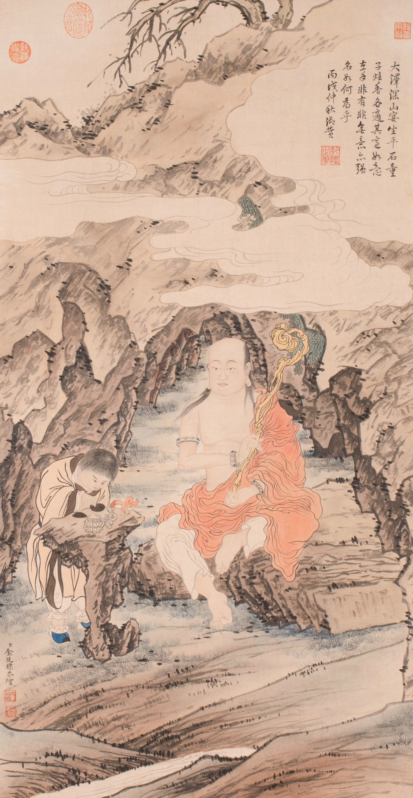 Jin Yanbiao, Luohan: gold Tingbiao (? after 1767), courtesy name Shikui, was born in Wucheng (now Huzhou, Zhejiang) and was a painter of the Qing dynasty. During Qianlong's tour to the south, he presented the "White