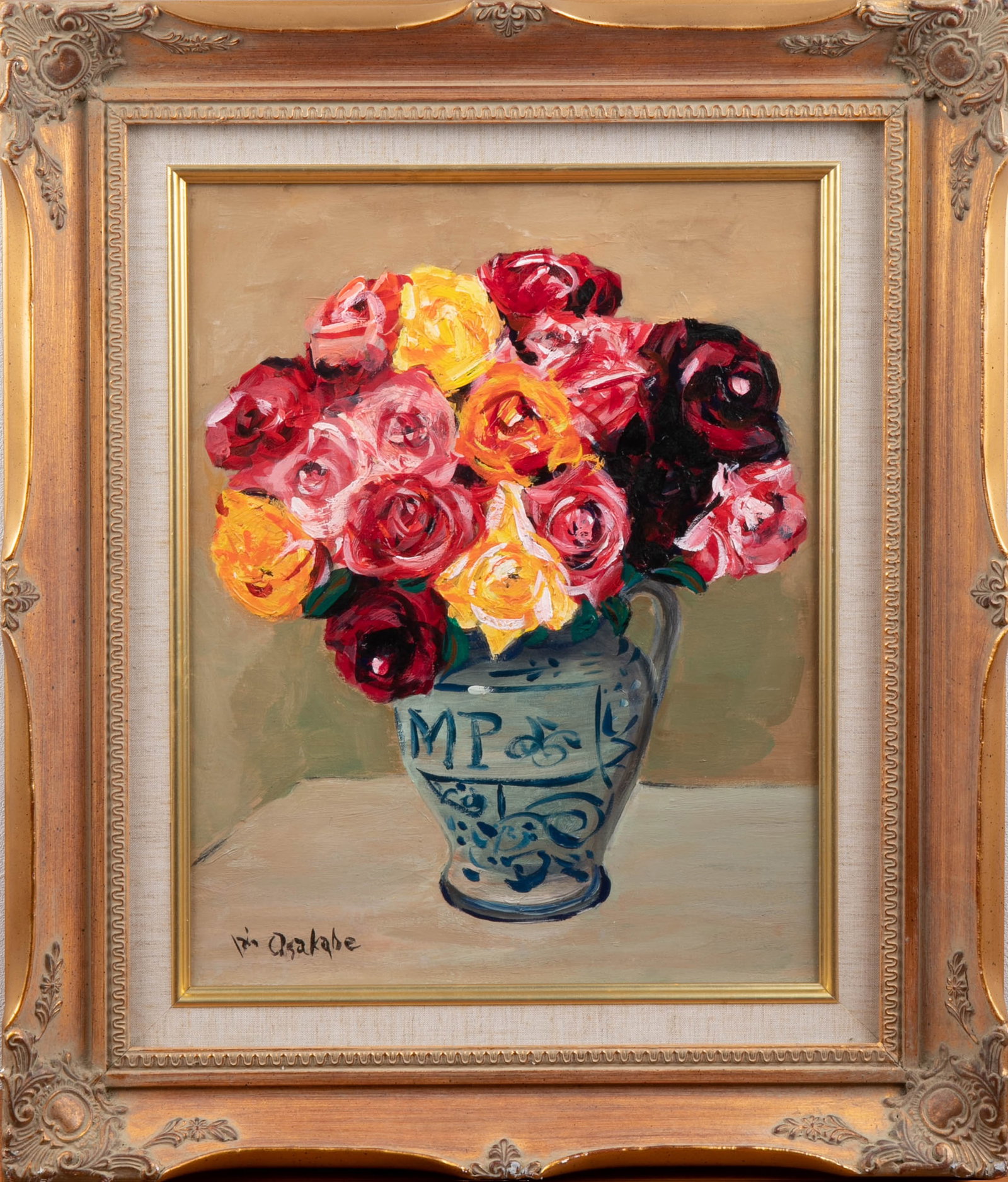 Jinbu Ren, Roses in a Vase,oil painting: This is an oil painting "vase Middle Rose" in the style of Osakabe Jin (1906-1978), a Japanese Western painter (a similar theme can be seen in his linen oil painting "()", which is in the collection o