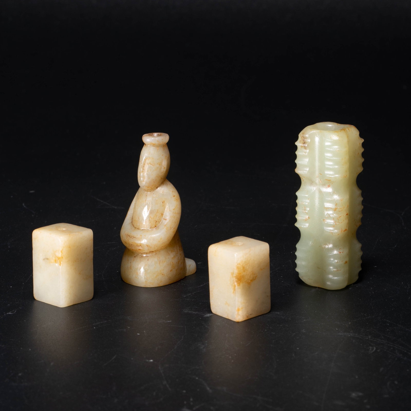 Jade guiren, jade cong, and pair of jade leizi beads: Jade guiren, jade cong, and pair of jade leizi beads