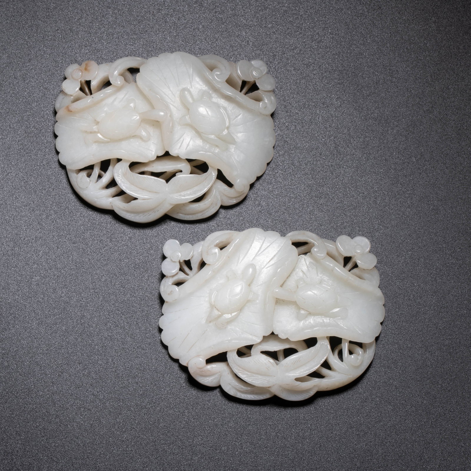 Pair of jade ornaments with turtle among lotus leaves (1 of 7)