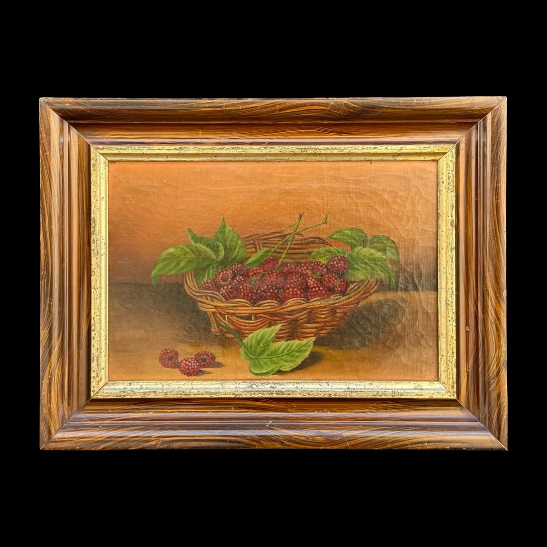 Antique Raspberry Fruit Still Life Oil Painting: Antique Raspberry Fruit Still Life Oil Painting An antique still-life oil painting attributed to the American School, depicting a woven basket overflowing with ripe red raspberries. Dimensions: