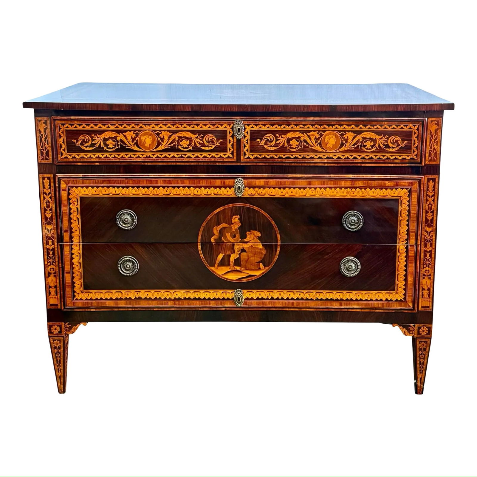 Italian Neoclassical Rosewood Inlaid Commode: Italian Neoclassical Rosewood Inlaid Commode An Italian Neoclassical rosewood commode with marquetry inlay. Dimensions: 47?W × 23?D × 36?H