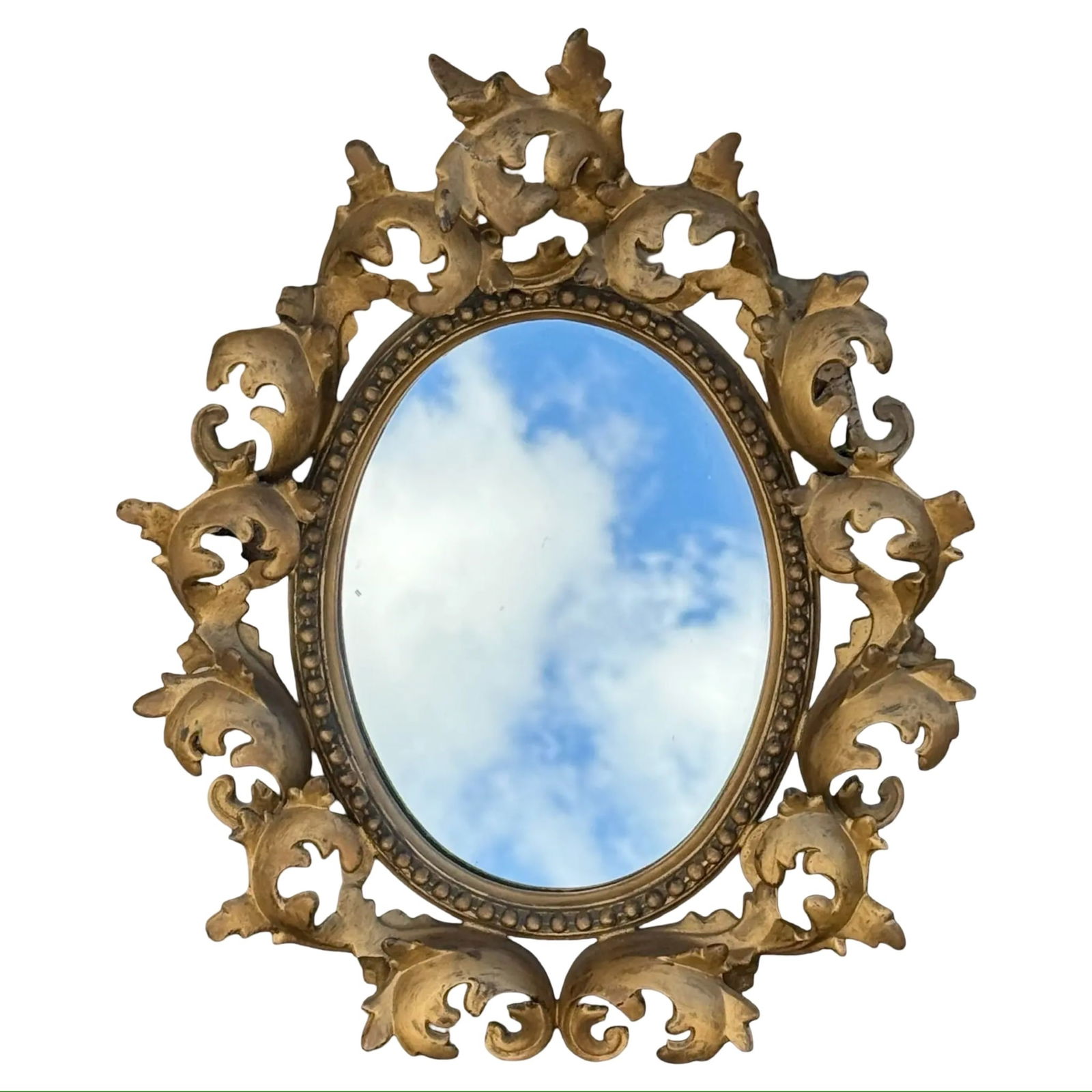 Italian Rococo Oval Wall Mirror: Italian Rococo Oval Wall Mirror An oval wall mirror is crafted in a Baroque or Rococo Revival style, a form later embraced as part of the Hollywood Regency aesthetic. Dimensions: 11.5?W × 3?D ×