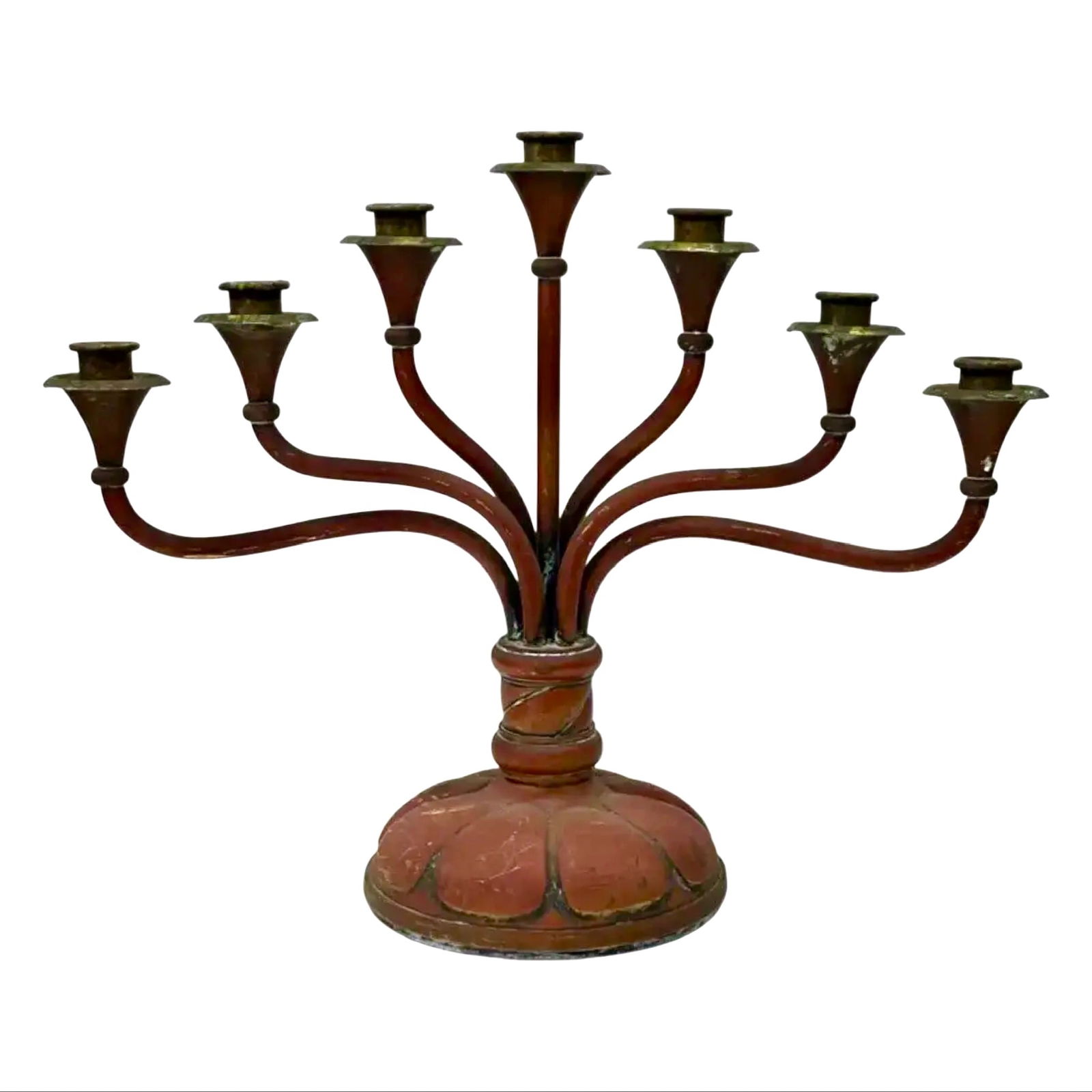 Arts and Crafts Copper Candelabra: Arts and Crafts Copper Candelabra An Arts and Crafts candelabra made from patinated copper with a weighted base. Can hold seven candles. Dimensions: 22?W × 9?D × 17?H