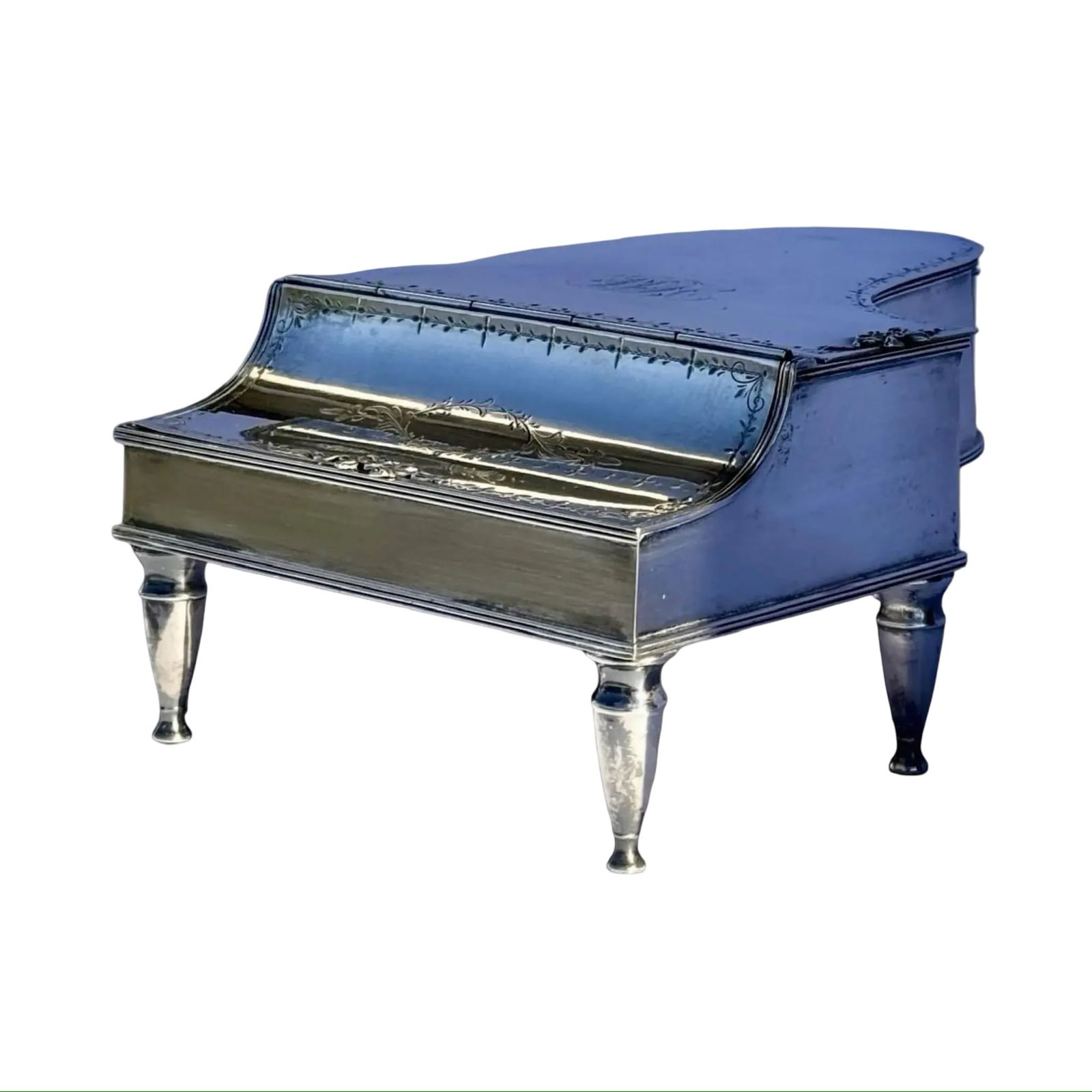 Barbour Silver Co. Piano Jewelry Box: Barbour Silver Co. Piano Jewelry Box A piano-form trinket box was made by the Barbour Silver Company and features two storage compartments. It carries the impressed Barbour backstamp on its base. 