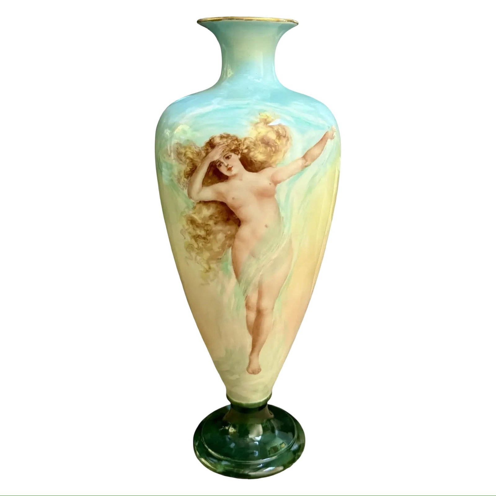 Belleek Art Nouveau Vase w/ Gold Gilt: Belleek Art Nouveau Vase w/ Gold Gilt A Belleek porcelain vase, decorated with a hand-painted female figure. Marked on its base. Dimensions: 6?W × 6?D × 13?H