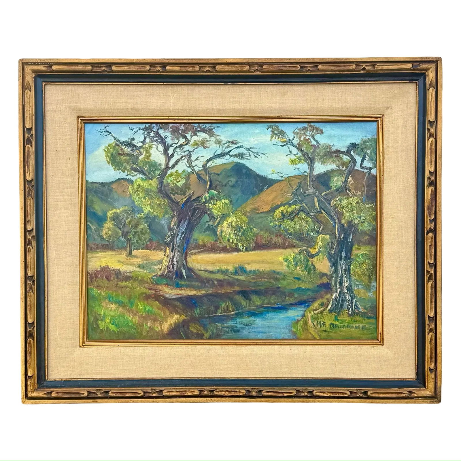 California Plein Air Landscape Painting: California Plein Air Landscape Painting An oil on canvas landscape in the California Impressionist style. Depicts trees along a stream within a rolling valley. Housed in a carved wood frame with