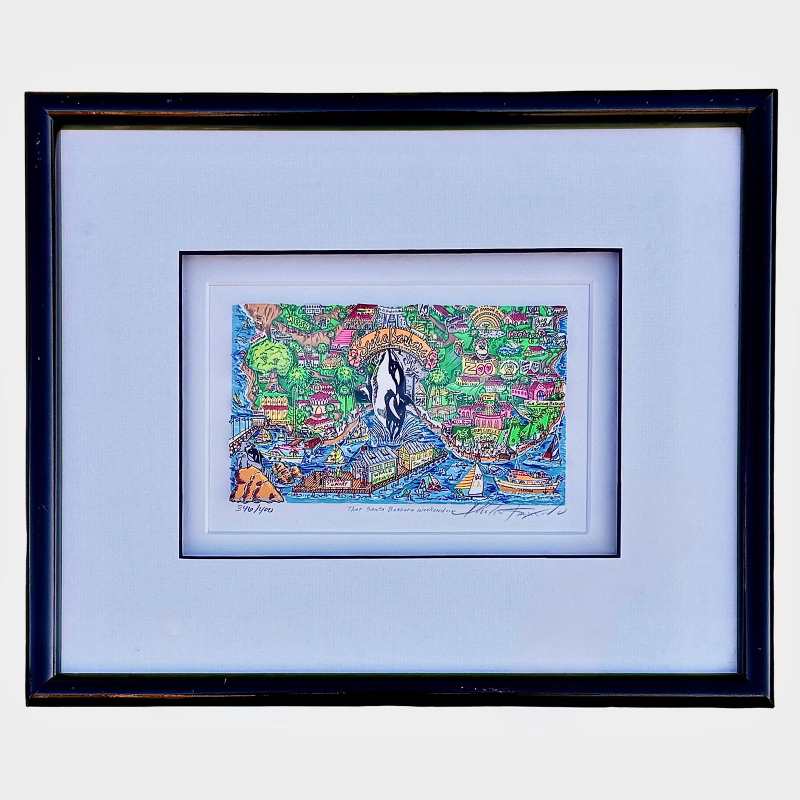 Charles Fazzino Santa Barbara 3D Serigraph: Charles Fazzino Santa Barbara 3D Serigraph A 3D Consutruction Silkscreen serigraph by artist Charles Fazzino titled “That Weekend in Santa Barbara”. Matted and housed behind glass in a black