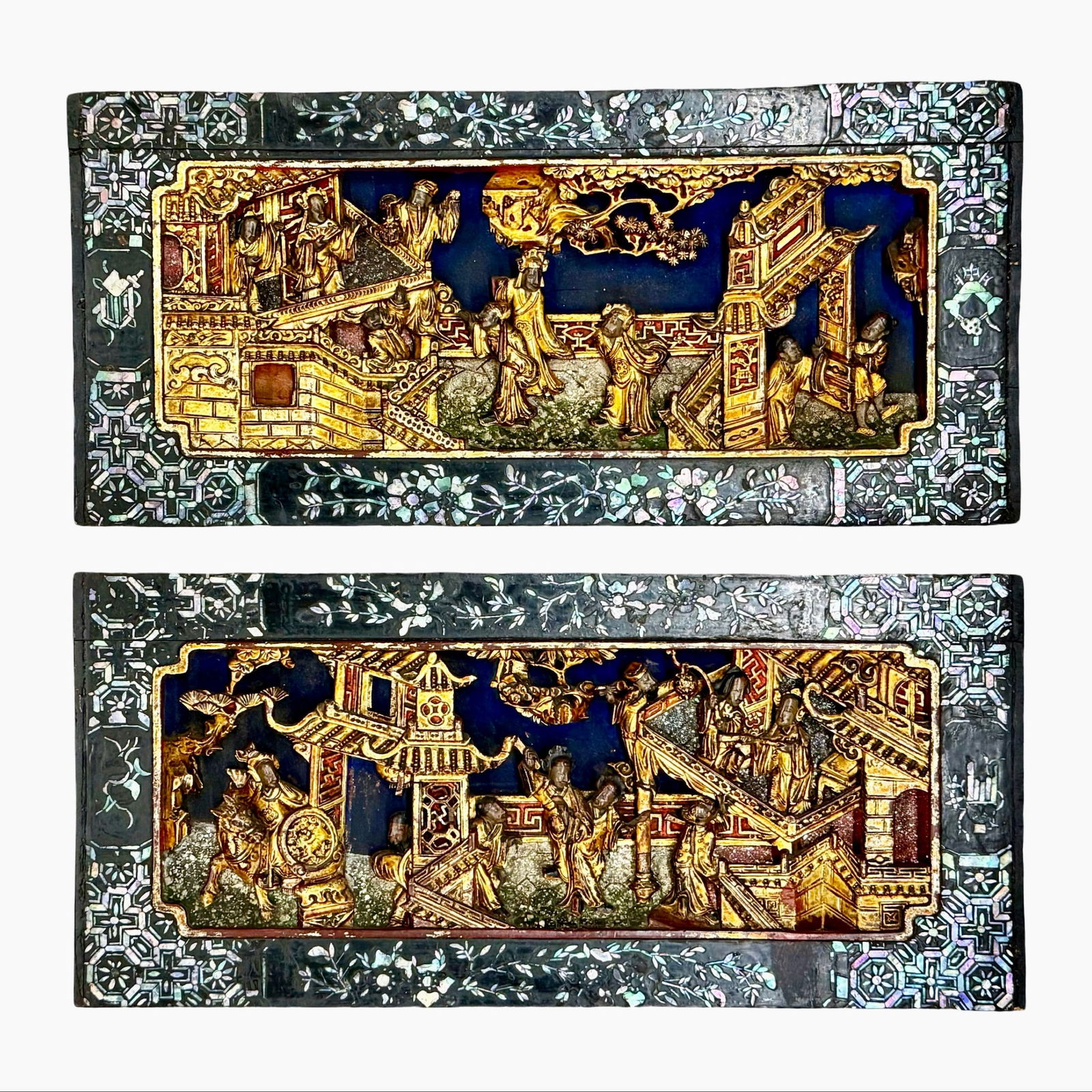 Chinese Giltwood Panels, Mother of Pearl: Chinese Giltwood Panels, Mother of Pearl A pair of antique Chinese giltwood carved panels featuring intricate high-relief carvings and delicate mother-of-pearl inlay. Dimensions: 17.5?W × 1?D × 8?H