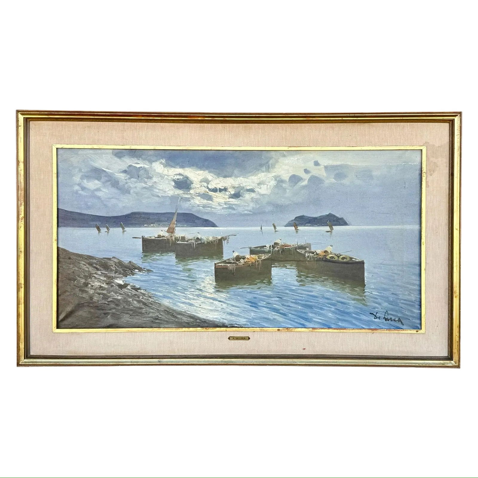 DeLuca Italian Seascape Painting: DeLuca Italian Seascape Painting A large oil painting by De Luca. Italian impressionist coastal scene depicting a Firenze seascape. Dimensions: 47?W × 2?D × 27?H