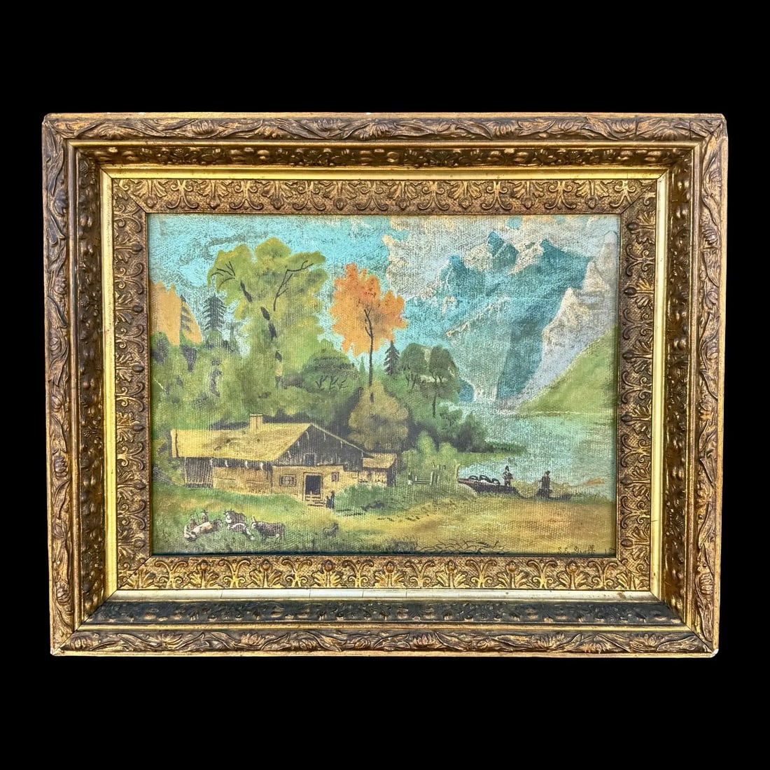 Early American Landscape Oil Painting: Early American Landscape Oil Painting An early American landscape oil on canvas painting of a mountain cabin scene. Signed by the artist, S. E. Groff, and dated 1893. Housed in the original giltwood