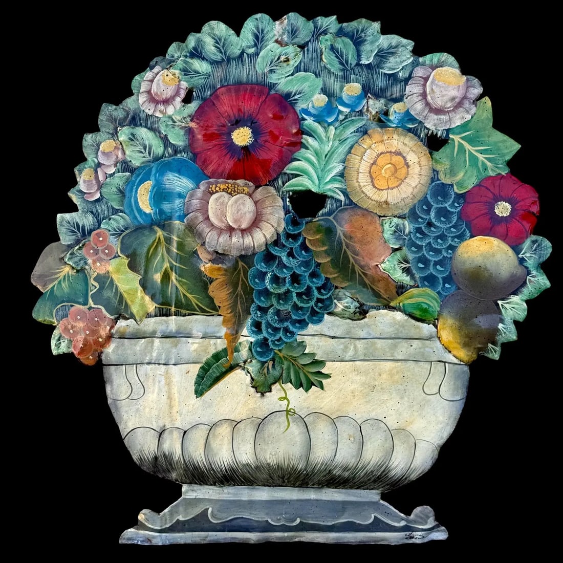 Toleware Floral Fruit Fireplace Screen: Toleware Floral Fruit Fireplace Screen A large Toleware fire screen / dummy board. Hand-painted floral and fruit basket design. Signed by the artist in the lower right corner. Dimensions: 27.5?W ×