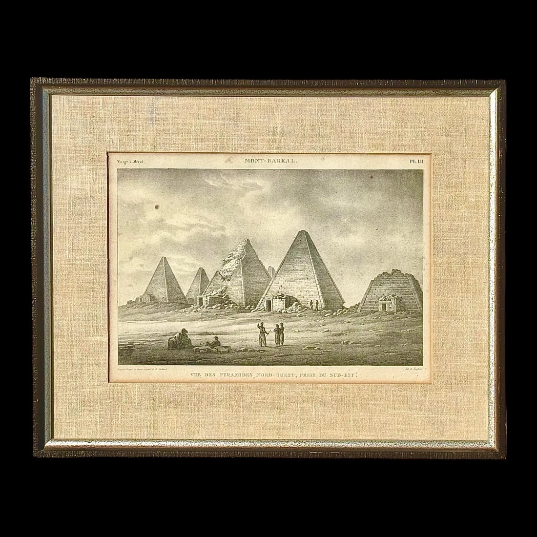 Frédéric Cailliaud Mont-Barkal Etching: Frédéric Cailliaud Mont-Barkal Etching An antique Mont-Barkal etching from "Voyage À Méroé" by Frédéric Cailliaud. Artwork is matted and set behind glass in a wooden frame. Dimensions: 22.5?W �