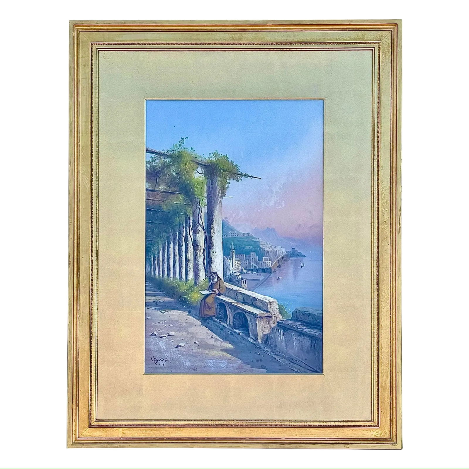 G. Battista Gouache Seascape Painting: G. Battista Gouache Seascape Painting An antique Italian gouache painting by Giovanni Battista (1858–1925) of a coastal scene, likely along the Amalfi Coast. Housed behind glass in a giltwodd frame.