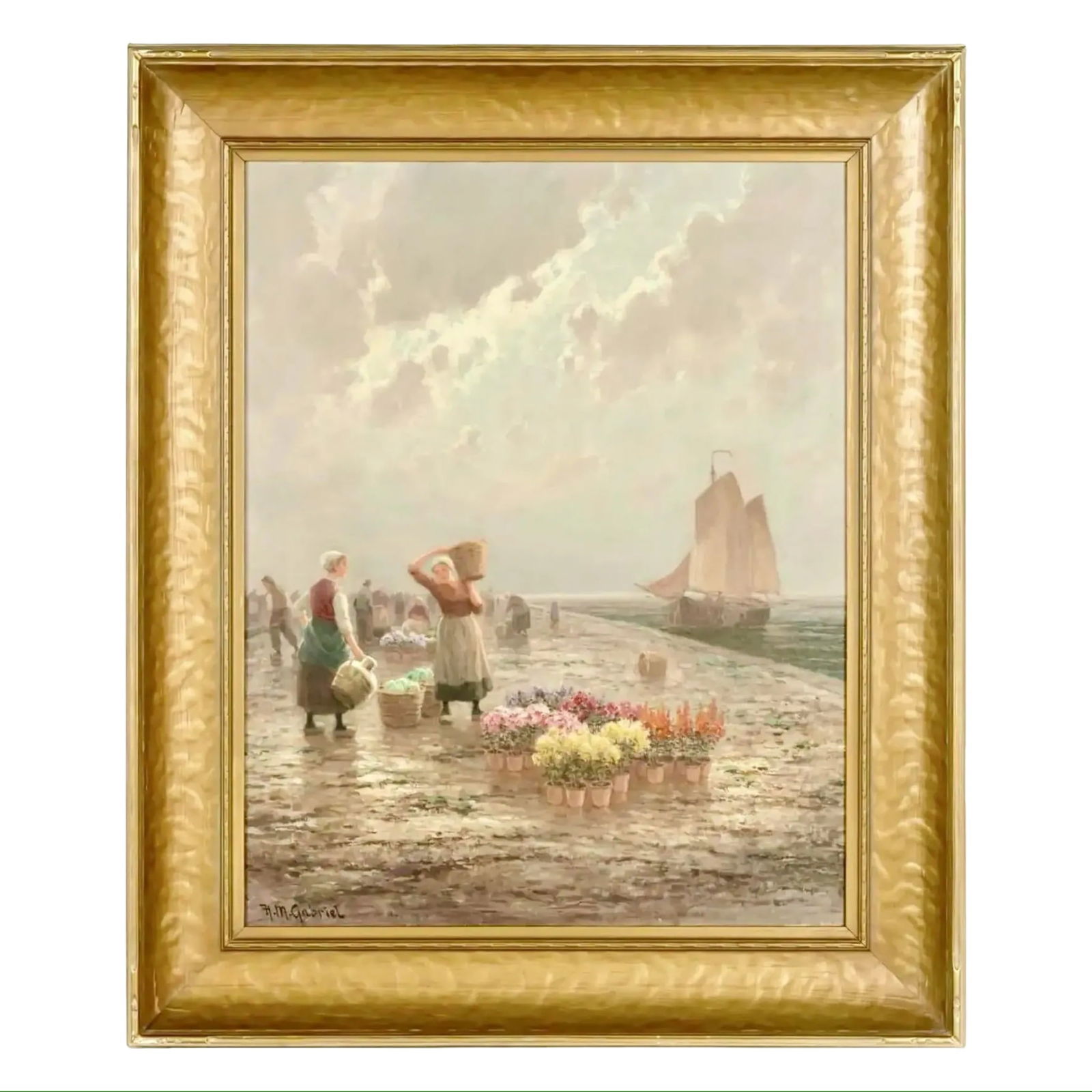 Dutch Flower Sellers Oil Painting: Dutch Flower Sellers Oil Painting A large Dutch oil on canvas painting by H. M. Gabriel titled "Flower Sellers on a Quay" housed in a wood frame. Original art, signed by the artist. Dimensions: 29?W �