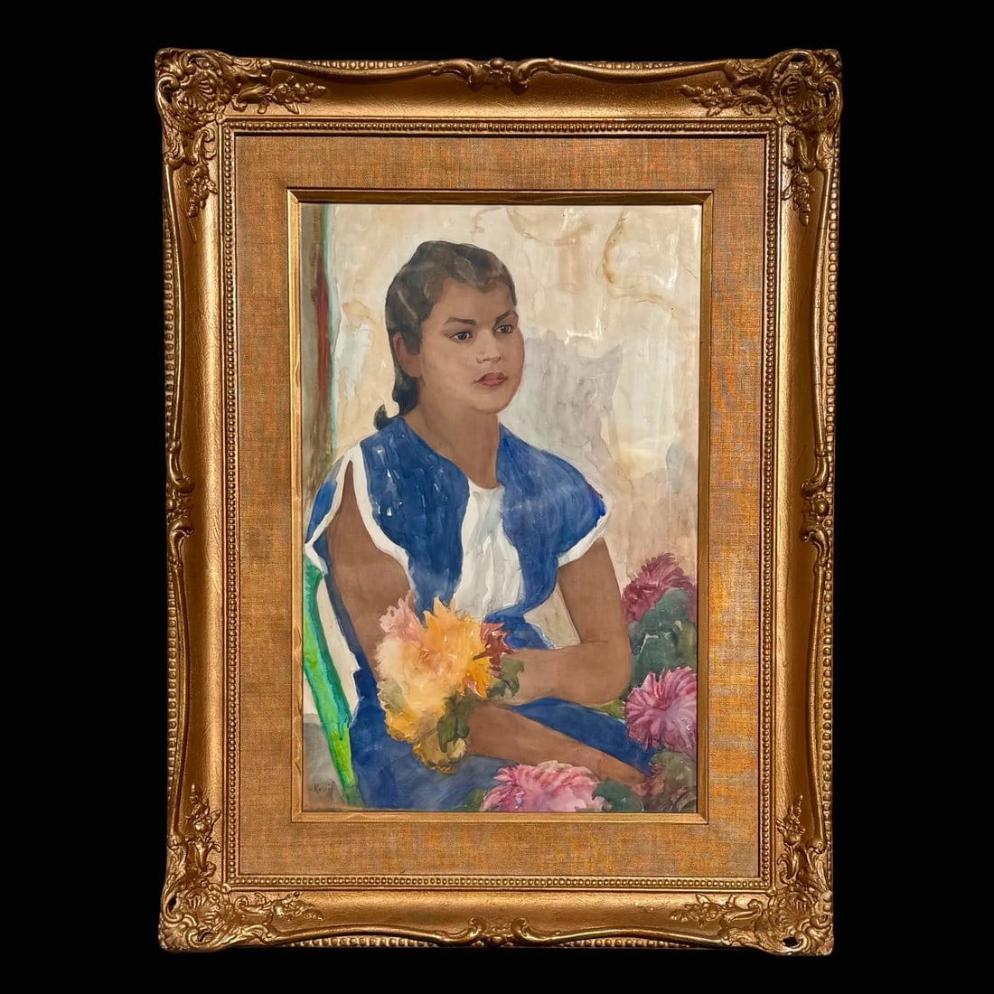 Henri De Kruif Watercolor Portrait: Henri De Kruif Watercolor Portrait A watercolor portrait of a woman holding flowers, attributed to Henri (Henry) Gilbert De Kruif, early 20th century. Signed lower left. Figural composition rendered i