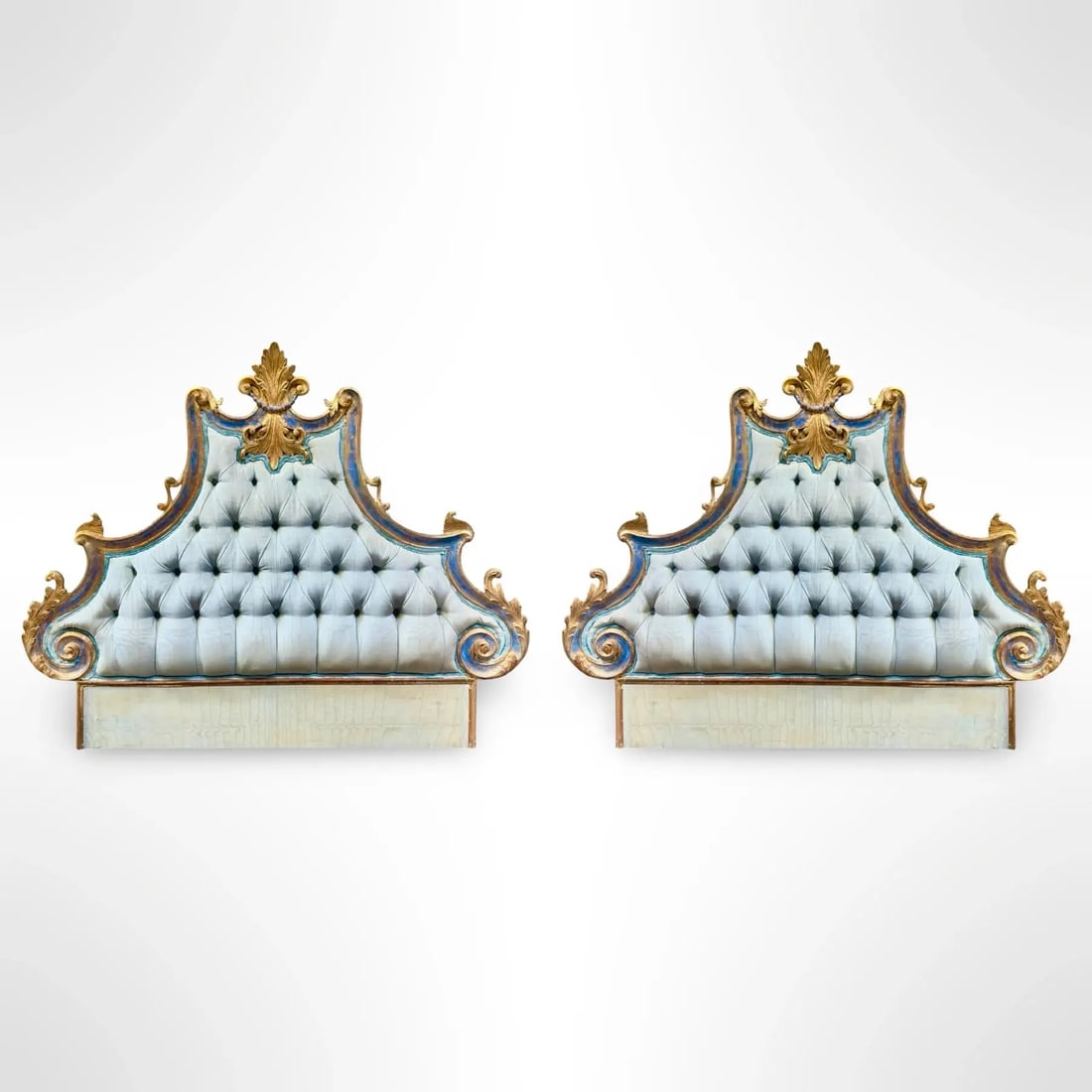 Italian Gilded Twin Headboards, Pair: Italian Gilded Twin Headboards, Pair A pair of antique Italian twin-sized headboards featuring gilded wooden frames and tufted upholstery. Dimensions: 52?W × 2?D × 41?H Measurements are for exterior