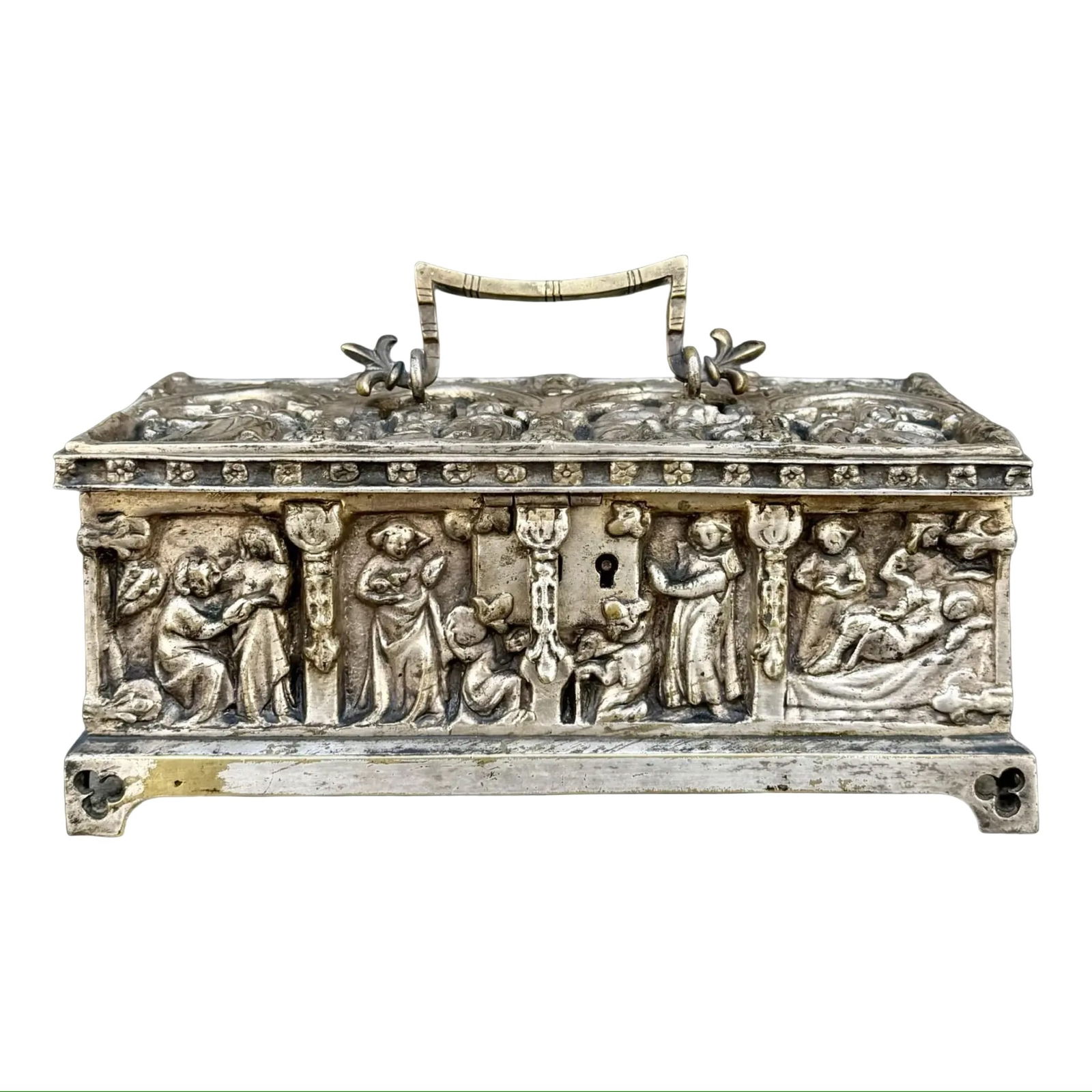 Gothic Bronze Casket Box W/ Relief Carvings: Gothic Bronze Casket Box W/ Relief Carvings An antique Gothic-style casket is crafted from silvered bronze, showcasing intricate relief carvings and architectural detailing characteristic of the Gothi