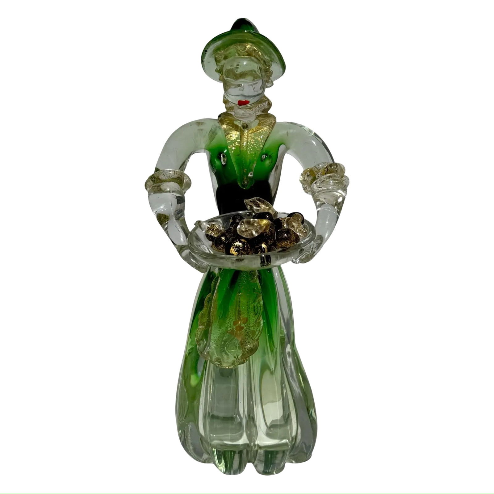 Murano Glass Lady Figurine: Murano Glass Lady Figurine An Italian Murano-attributed glass lady peasant figurine. Hand-blown mid-century Venetian green art glass. Dimensions: 5?W × 5?D × 11?H