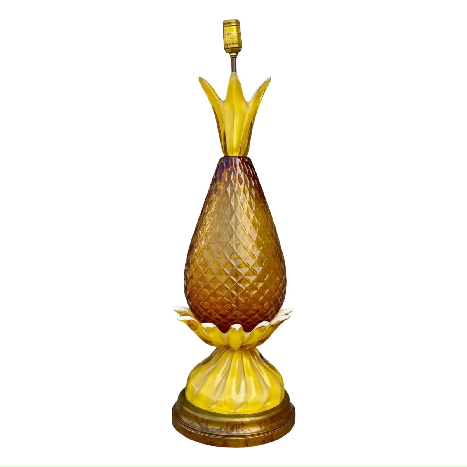 Murano Glass Pineapple Lamp: Murano Glass Pineapple Lamp A large vintage Italian Murano-attributed glass pineapple lamp. Mid-century Hollywood Regency style, combining translucent and opaque glass to create a pineapple form with