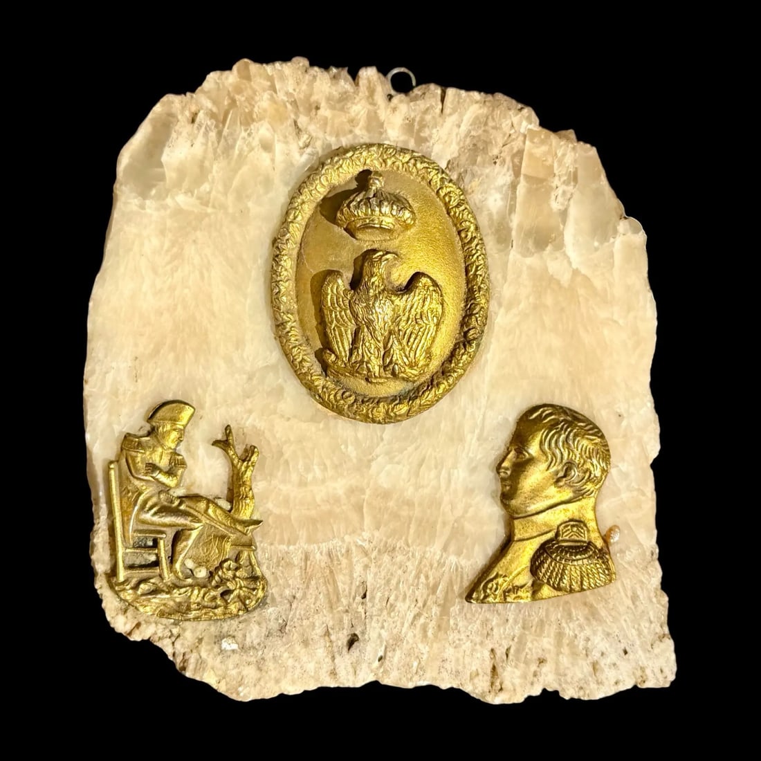 French Napoleonic Plaque, Bronze / Onyx: French Napoleonic Plaque, Bronze / Onyx An antique commemorative wall plaque featuring symbols of the French Empire made of gilt bronze on a white onyx base. Dimensions: 6?W × 0.75?D × 6.5?H