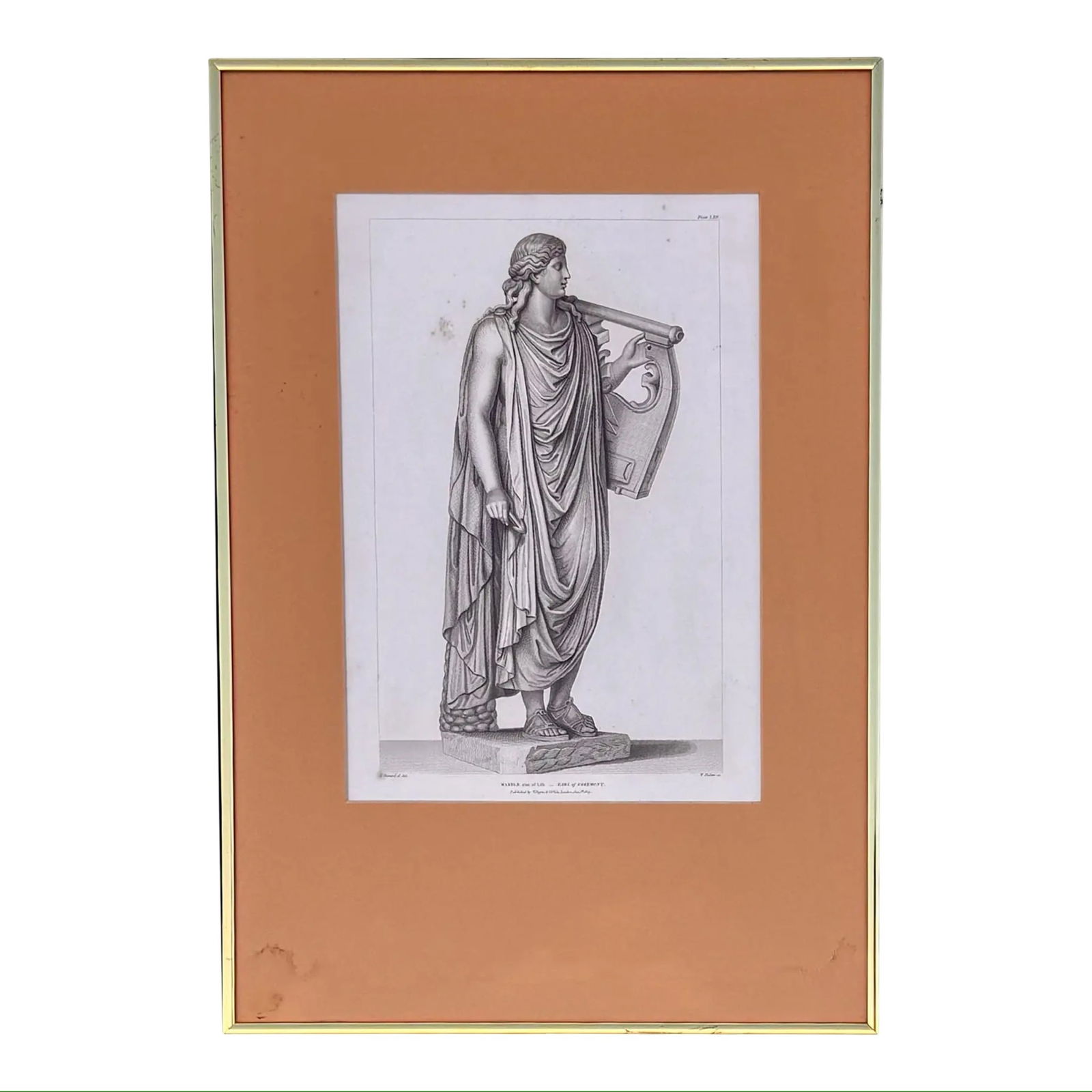 Neoclassical Engraving of Apollo: Neoclassical Engraving of Apollo An original antique engraving of Apollo Citharoedus, the Greek god of music, poetry, and light, shown holding a cithara, an ancient stringed instrument associated with