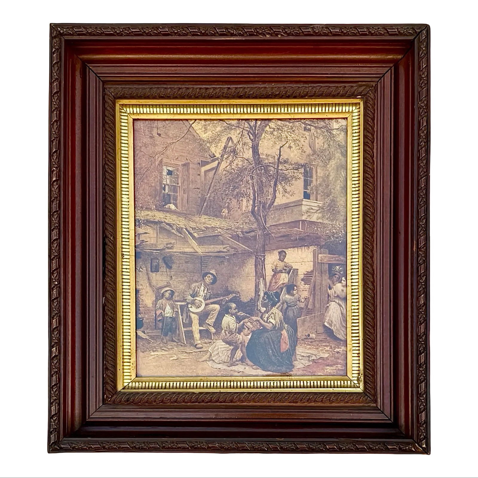 Eastman Johnson’s Negro Life in the South: Eastman Johnson’s “Old Kentucky Home”, Framed An antique print of Eastman Johnson’s 1859 painting, “Old Kentucky Home” set behind glass in a carved wood frame with gold accents. Di