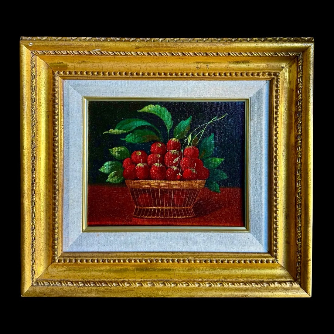 Antique Strawberries Still Life Oil Painting: Antique Strawberries Still Life Oil Painting Antique still life oil painting depicting a basket of strawberries on a tabletop. Rendered with a dark contrasting background and naturalistic use of
