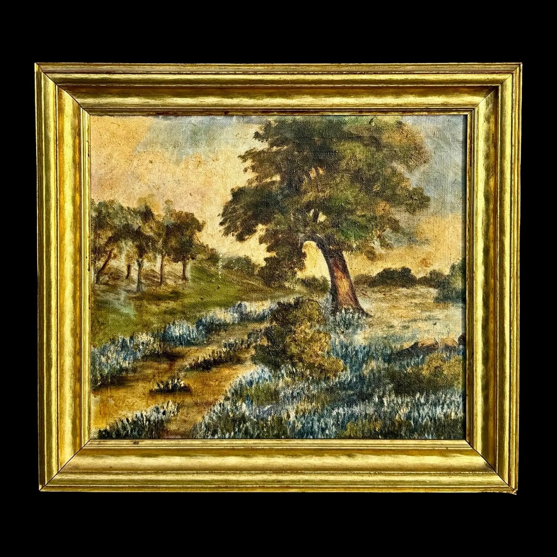 Wildflower Texas Landscape Oil: Wildflower Texas Landscape Oil An oil on canvas landscape painting of a field of Texas bluebonnet wildflowers. The painting is presented in it's original gilt wood frame supplied by the James Bute
