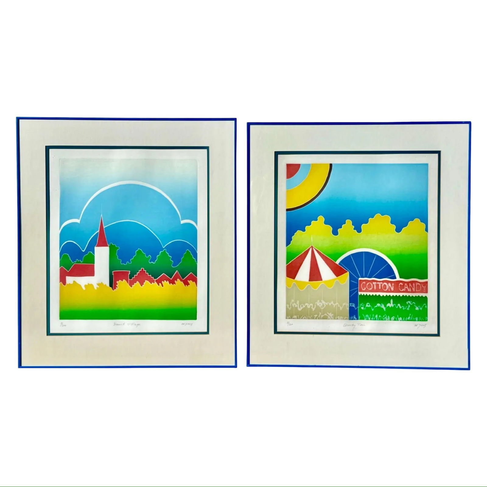 DeJong Postmodern Aquatints, Pair: DeJong Postmodern Aquatints, Pair A pair of postmodern pop art aquatint prints by Thom De Jong titled "Country Fair" and "Danish Village". Each artwork is signed, titled, and numbered in pencil. They