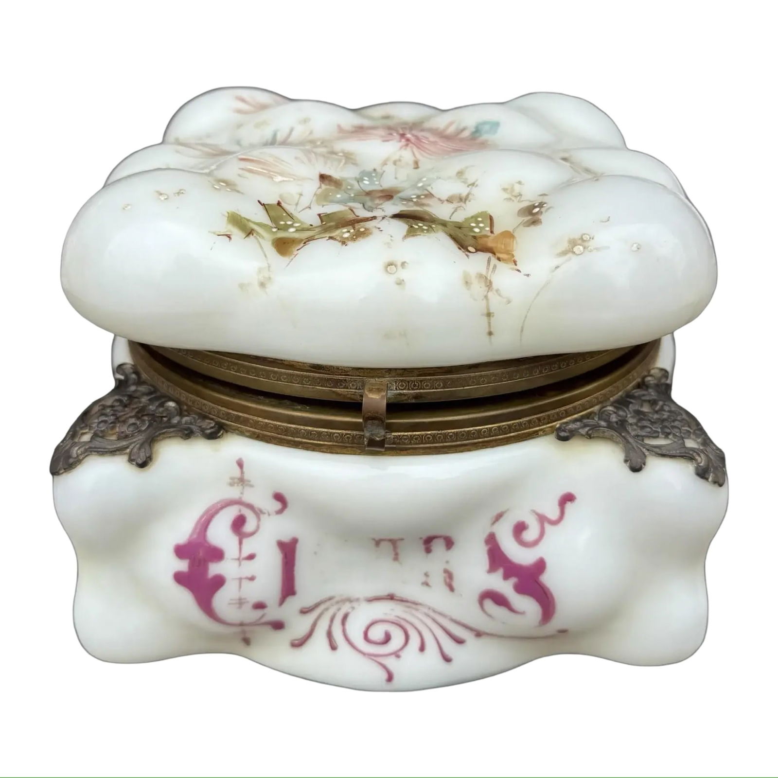 C. F. Monroe Wavecrest Cigar Humidor: C. F. Monroe Wavecrest Cigar Humidor A wavecrest egg crate cigar humidor box by C. F. Monroe. Opal glass with enamel floral design. Dimensions: 6.5?W × 6.5?D × 5.5?H