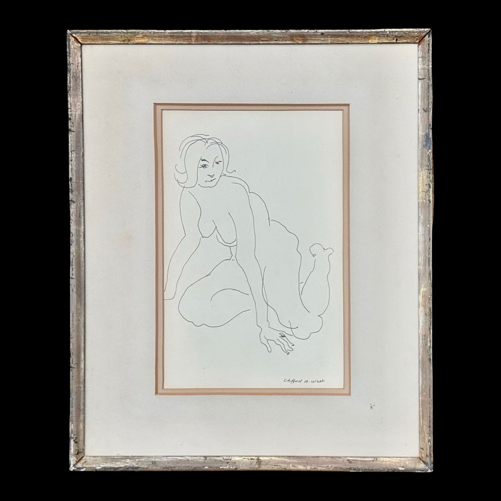 Clifford B. West Figural Seated Nude: Clifford B. West Figural Seated Nude Monochrome line artwork of a kneeling female figure by Clifford Bateman West, American modernist artist. Matted and framed under glass in a vintage wood frame,
