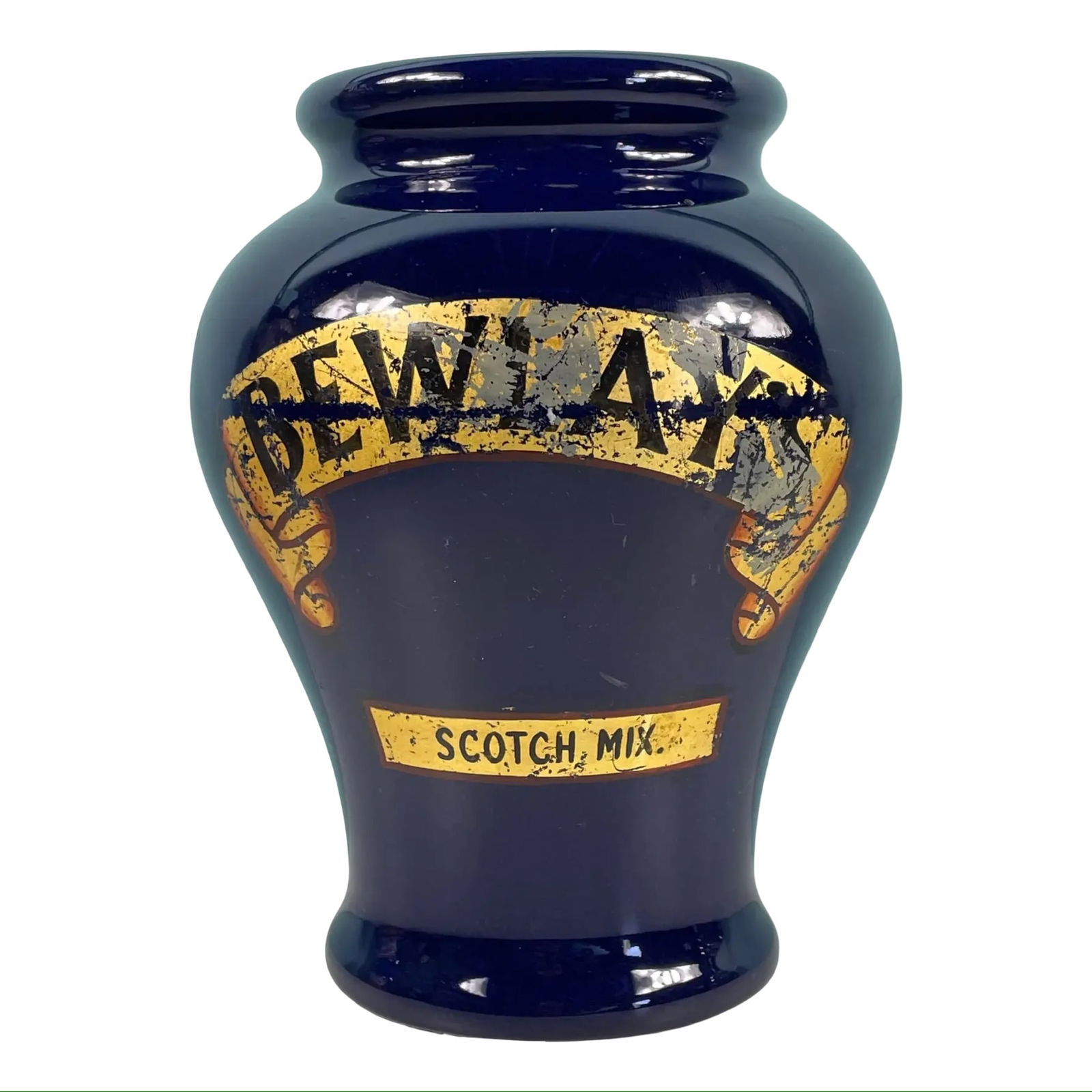 Victorian Doulton BELWAY Jar: Victorian Doulton BELWAY Jar An antique Royal Doulton advertising jar in cobalt blue, originally produced for Bewlay’s Scottish Mix. Dimensions: 7”W x 9”H x 7”D