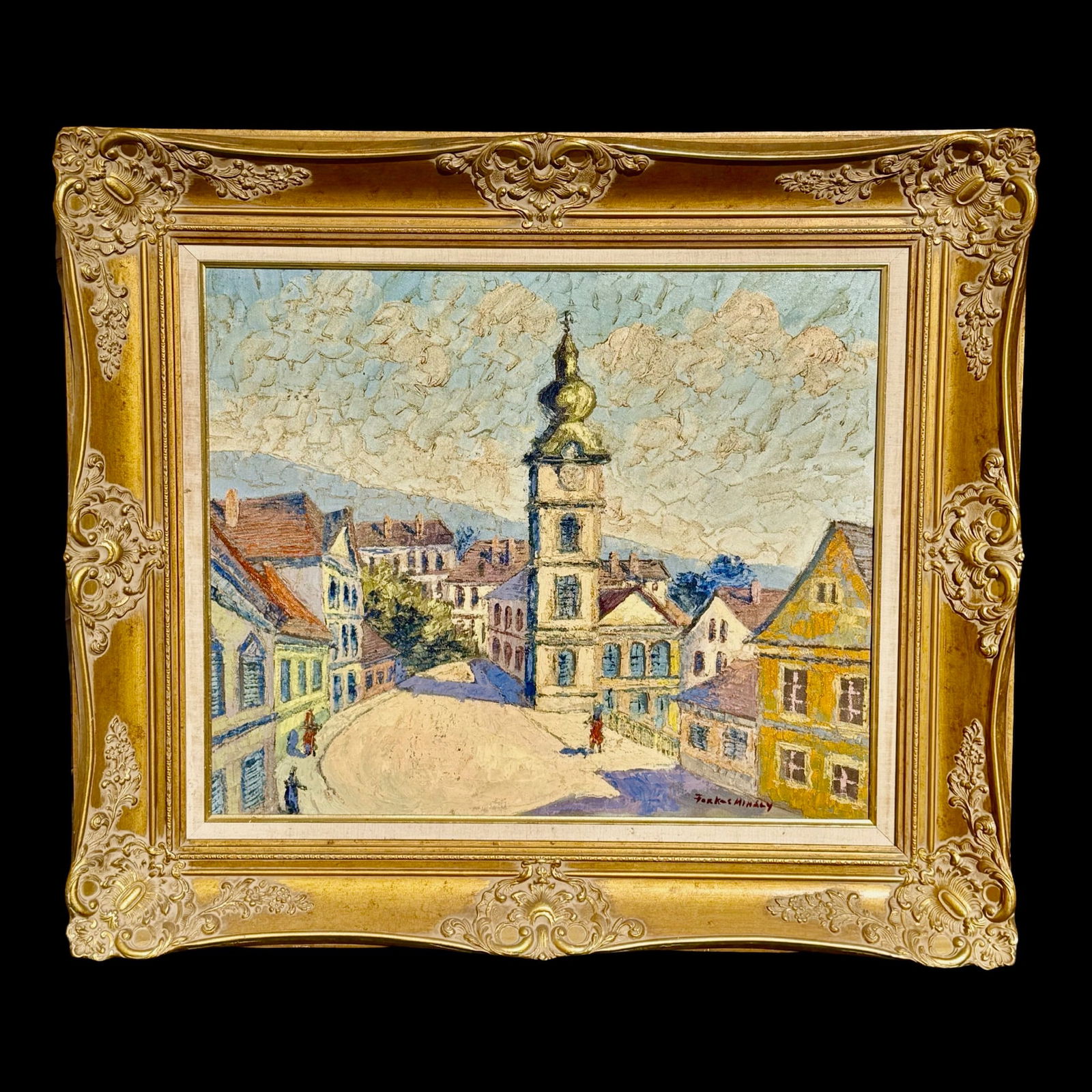 Mihály Farkas European Street Scene Painting: Mihály Farkas European Street Scene Painting Oil on canvas painting by Hungarian artist Mihály Farkas (1952–2015) depicting a European street scene (likely in Austria or Hungary) with a prominent