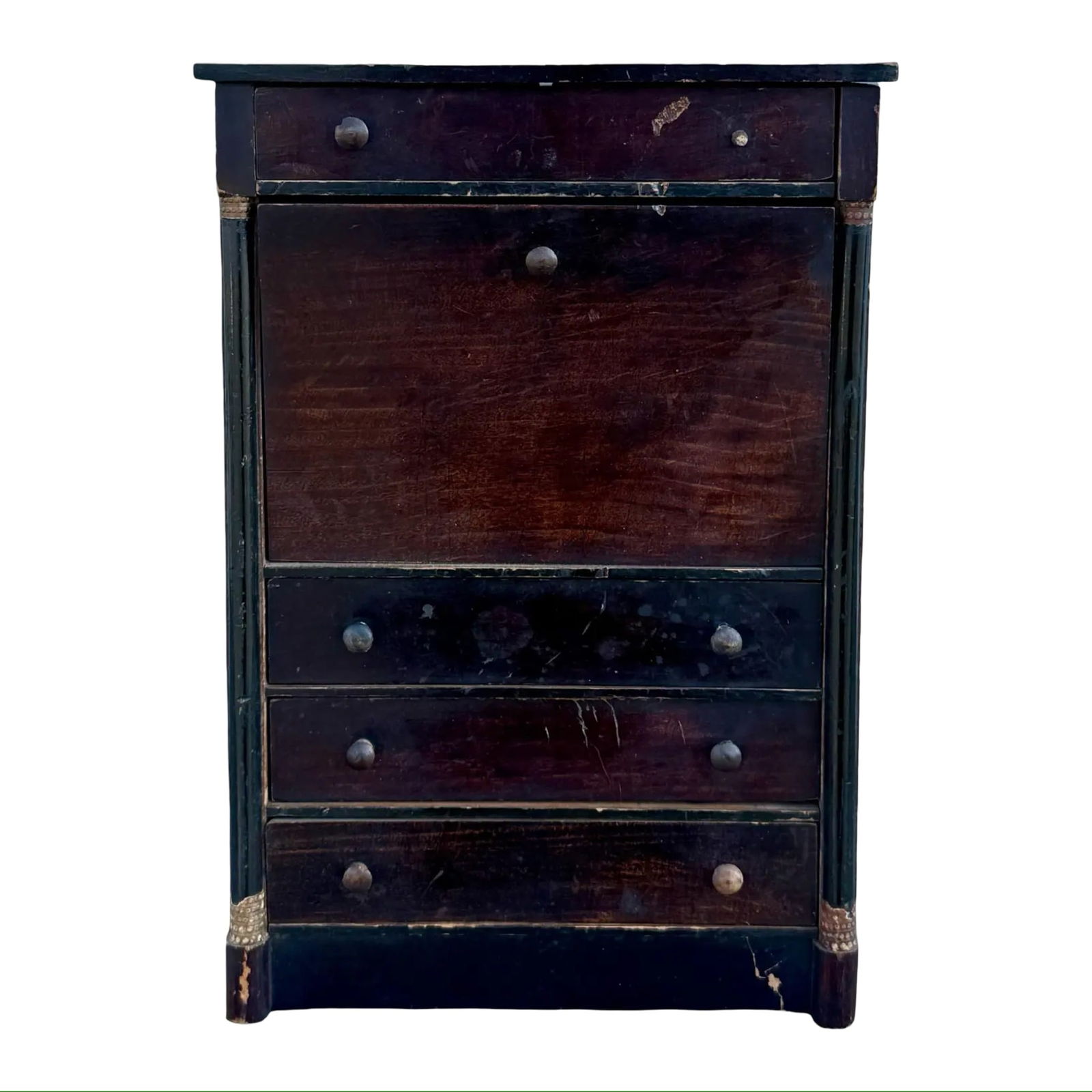 Miniature French Desktop Secretary: Miniature French Desktop Secretary A petite French secretary desk, crafted from wood, with pull-out drawers and a drop-down face that folds out revealing the original mirror. Dimensions: 8'W x 4"D