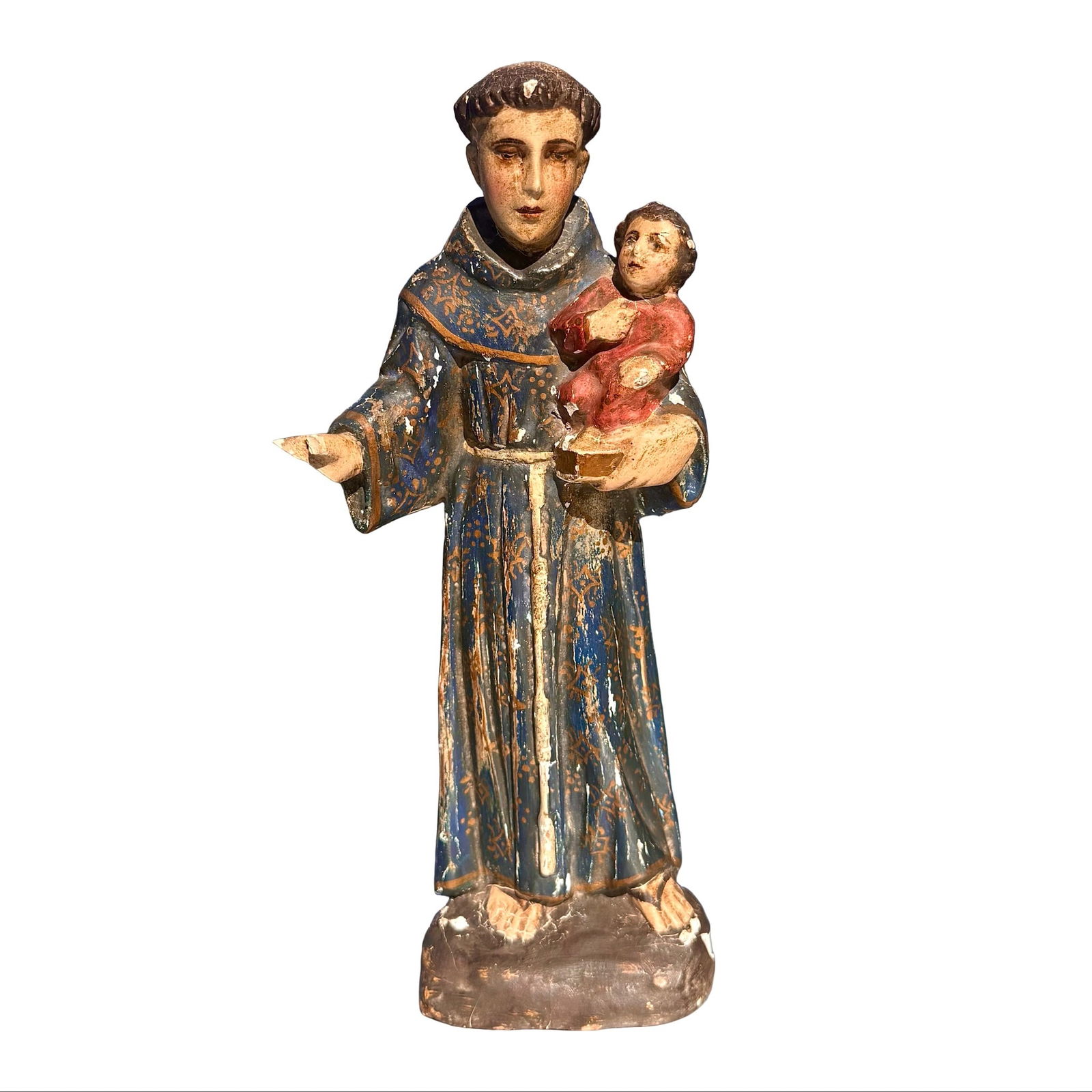 Antique Polychrome Religous Figure: Antique Polychrome Religous Figure Antique religous carved wood sculpture of Saint Anthony of Padua holding the Christ Child with the original polychrome paint. Hand-written note attached to base. 