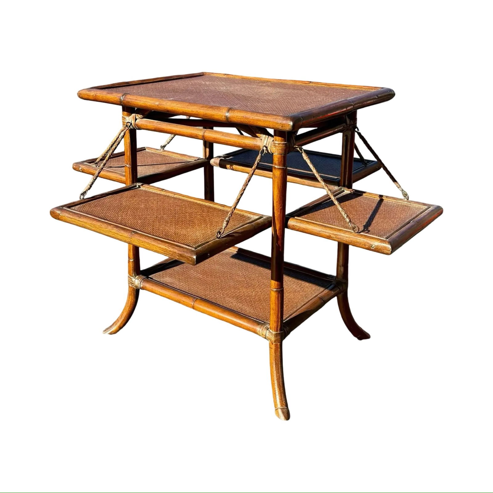 Bamboo Rattan Folding Butler’s Table: Bamboo Rattan Folding Butler’s Table Vintage bamboo and rattan folding butler’s table featuring woven surfaces, leather-wrapped joints, and four drop-leaf sides supported by chains that expand