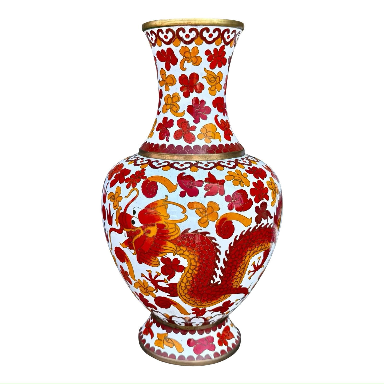 Chinese Cloissone Dragon Vase: Chinese Cloissone Dragon Vase Chinese cloisonné enamel baluster vase, decorated with two five-toed red/orange dragons facing each other on opposite sides. Dimensions: 7?W × 7?D × 12?H